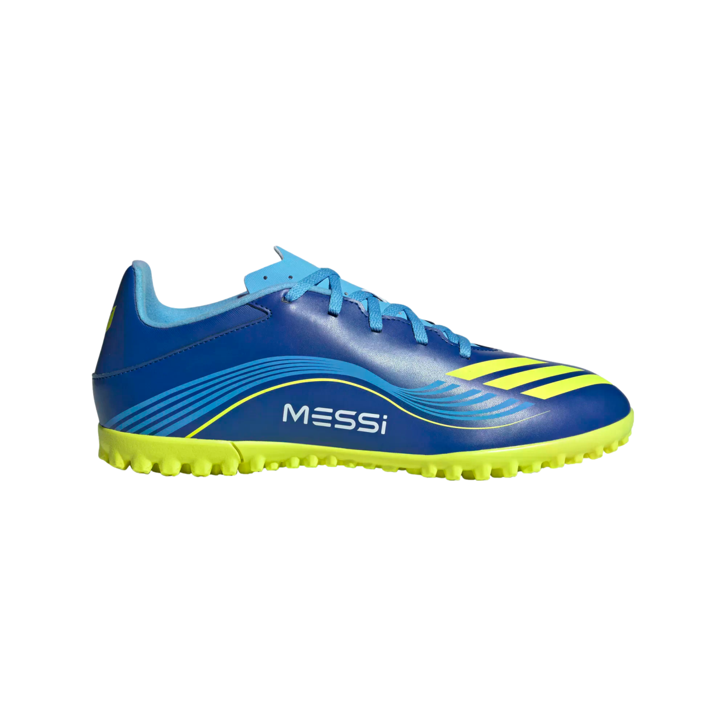 A blue and neon yellow Adidas Messi turf soccer shoe shown from a side profile view against a black background, with "MESSI" text on the lateral side.