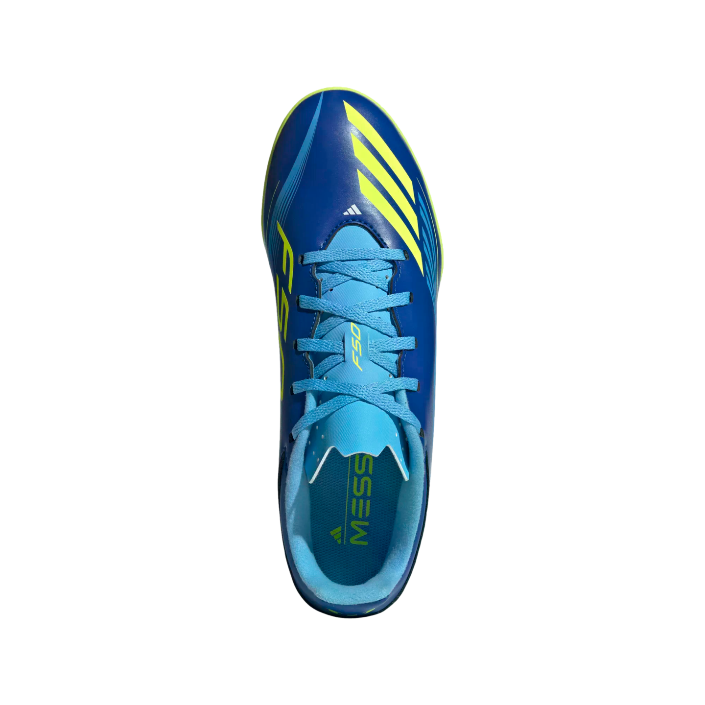 Top-down view of a blue Adidas F50 Messi soccer cleat with yellow accents and light blue laces, isolated on a black background.