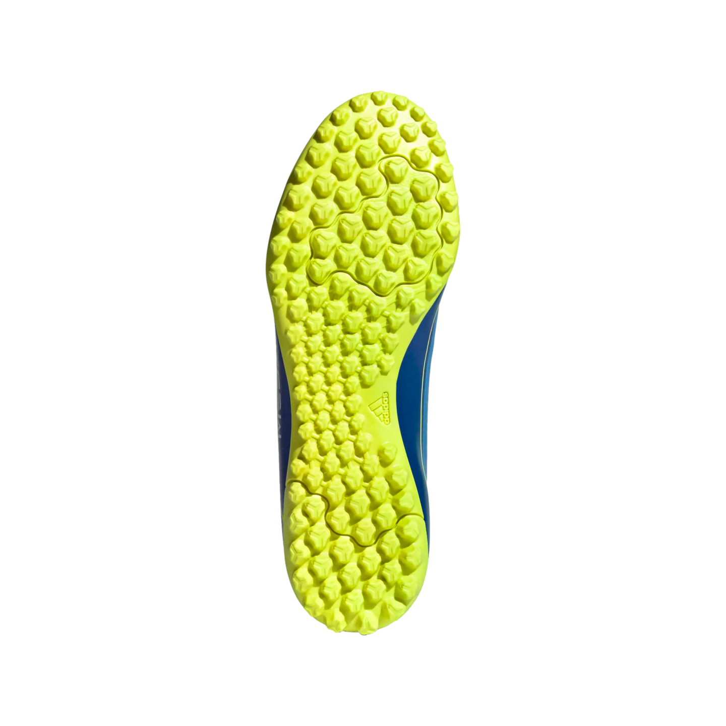 Bottom view of an Adidas soccer shoe with a bright neon yellow studded outsole and blue upper against a solid black background.