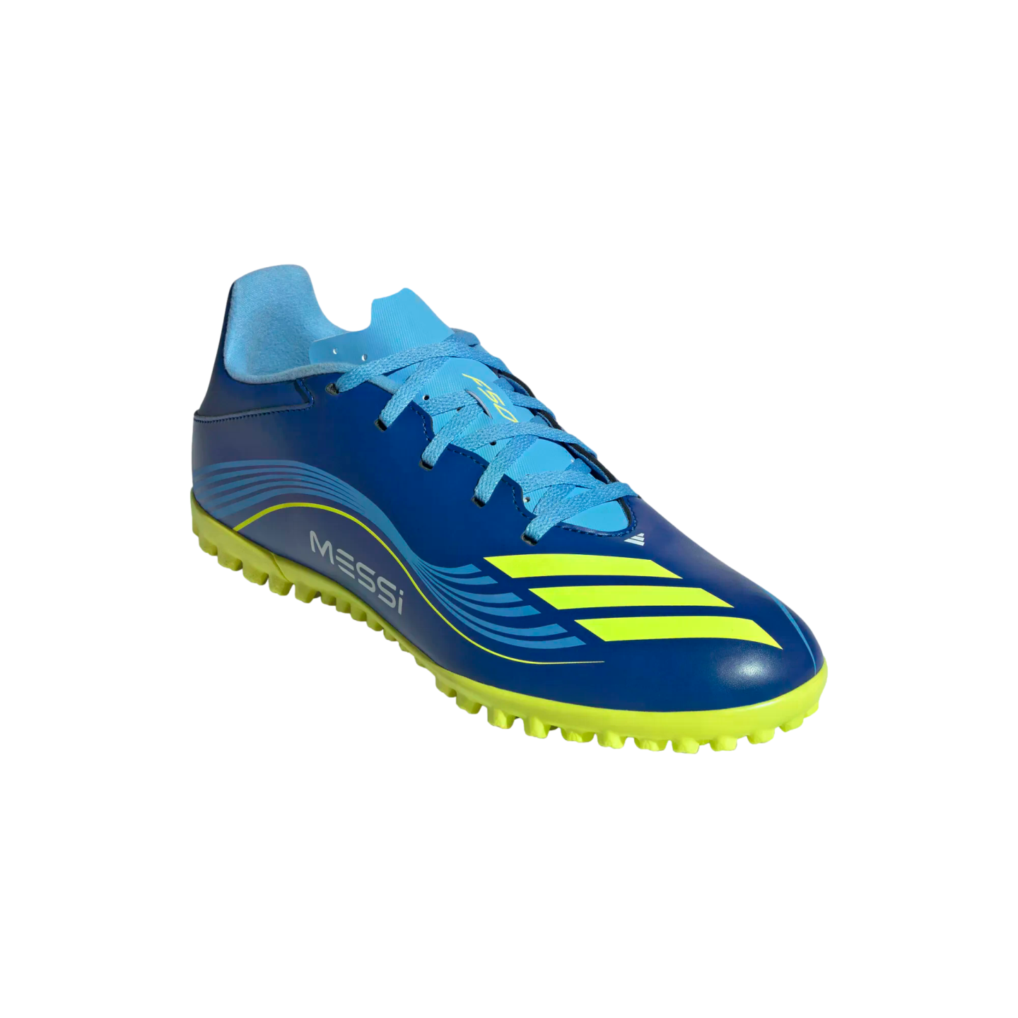 Blue and lime yellow Adidas Messi turf soccer shoe featuring yellow stripes and "MESSI" branding on a black background.