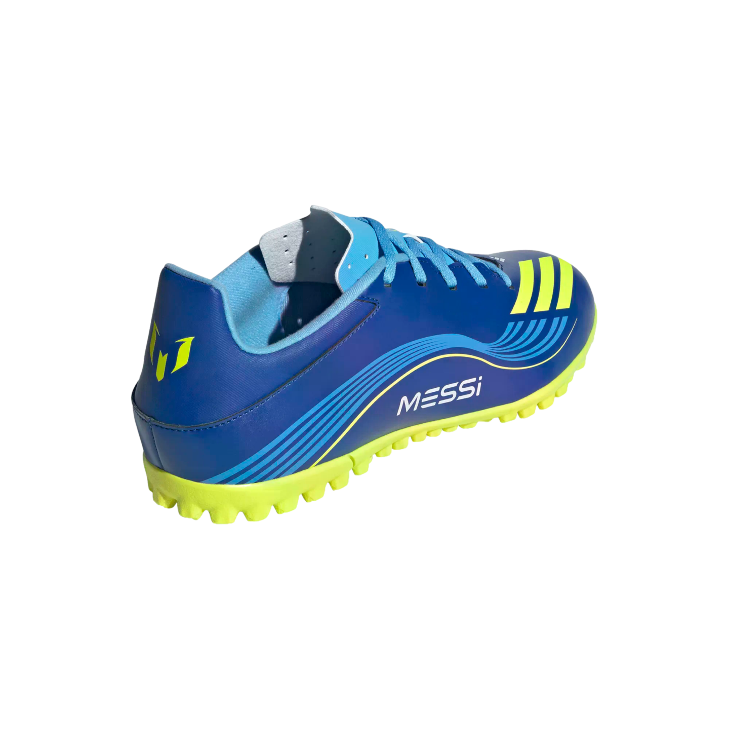 A blue and neon yellow Adidas Messi soccer turf shoe shown from a rear side angle against a black background. Features "MESSI" branding and a studded sole.
