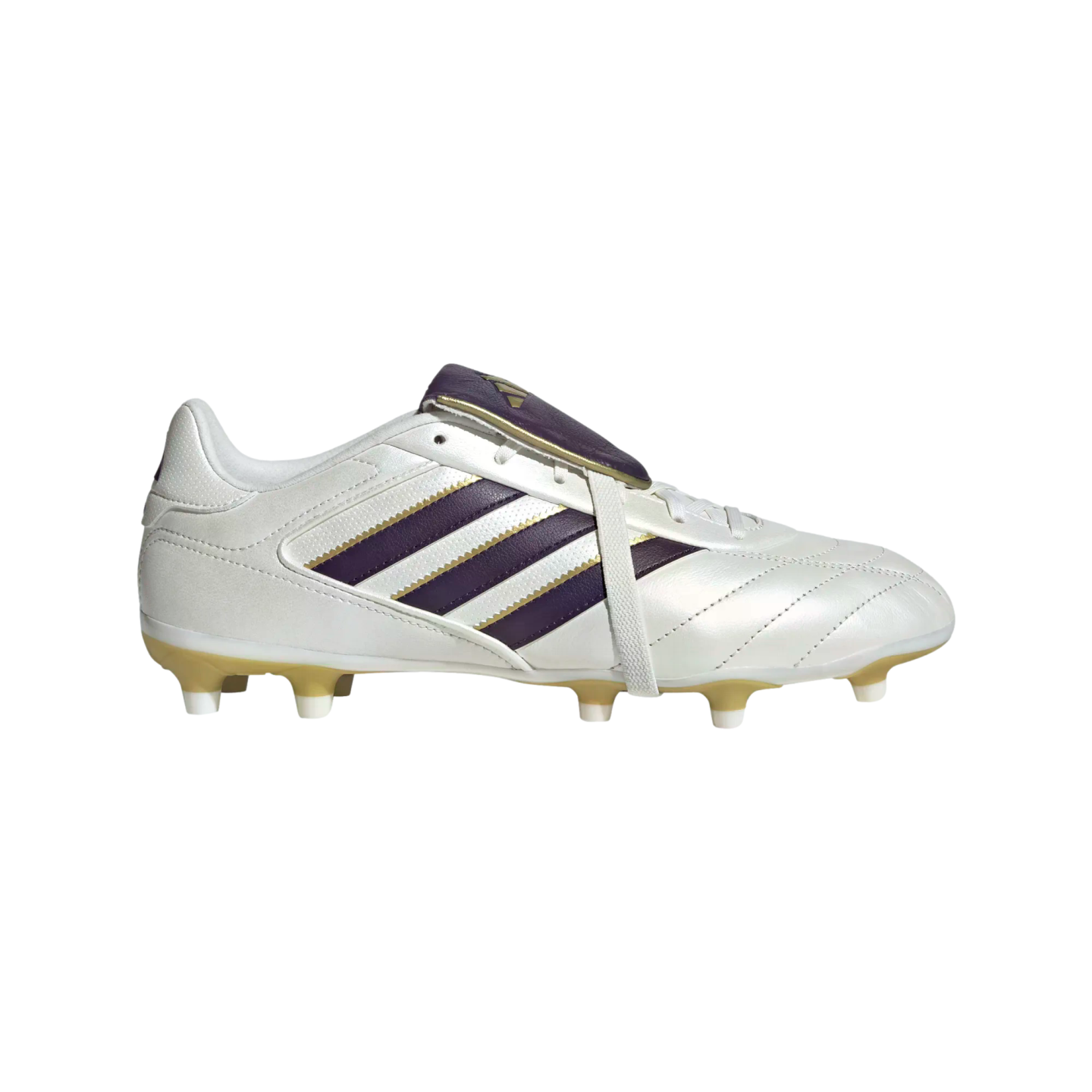 White Adidas soccer cleat with purple stripes, gold accents, a fold-over tongue, and a studded sole, viewed from the side.