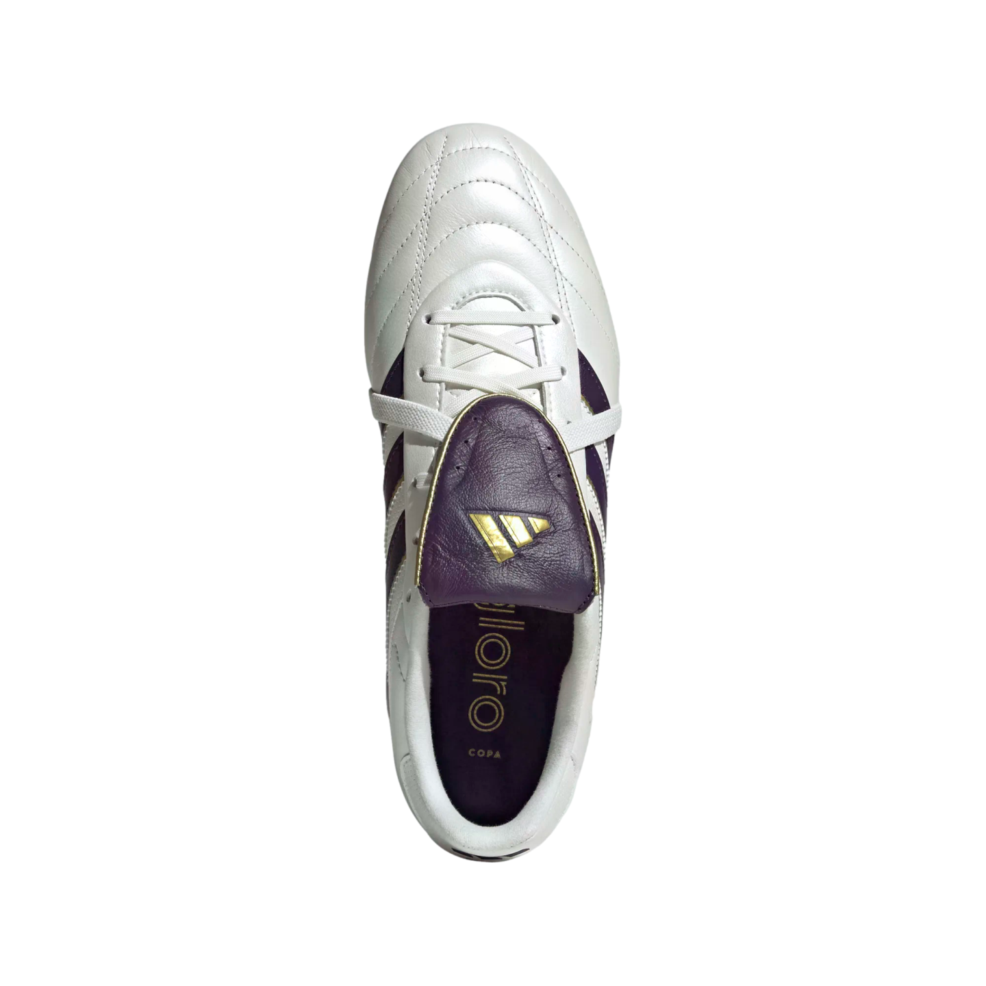 Top-down view of a white Adidas Copa Gloro soccer cleat with a purple fold-over tongue and gold logo on a white background.