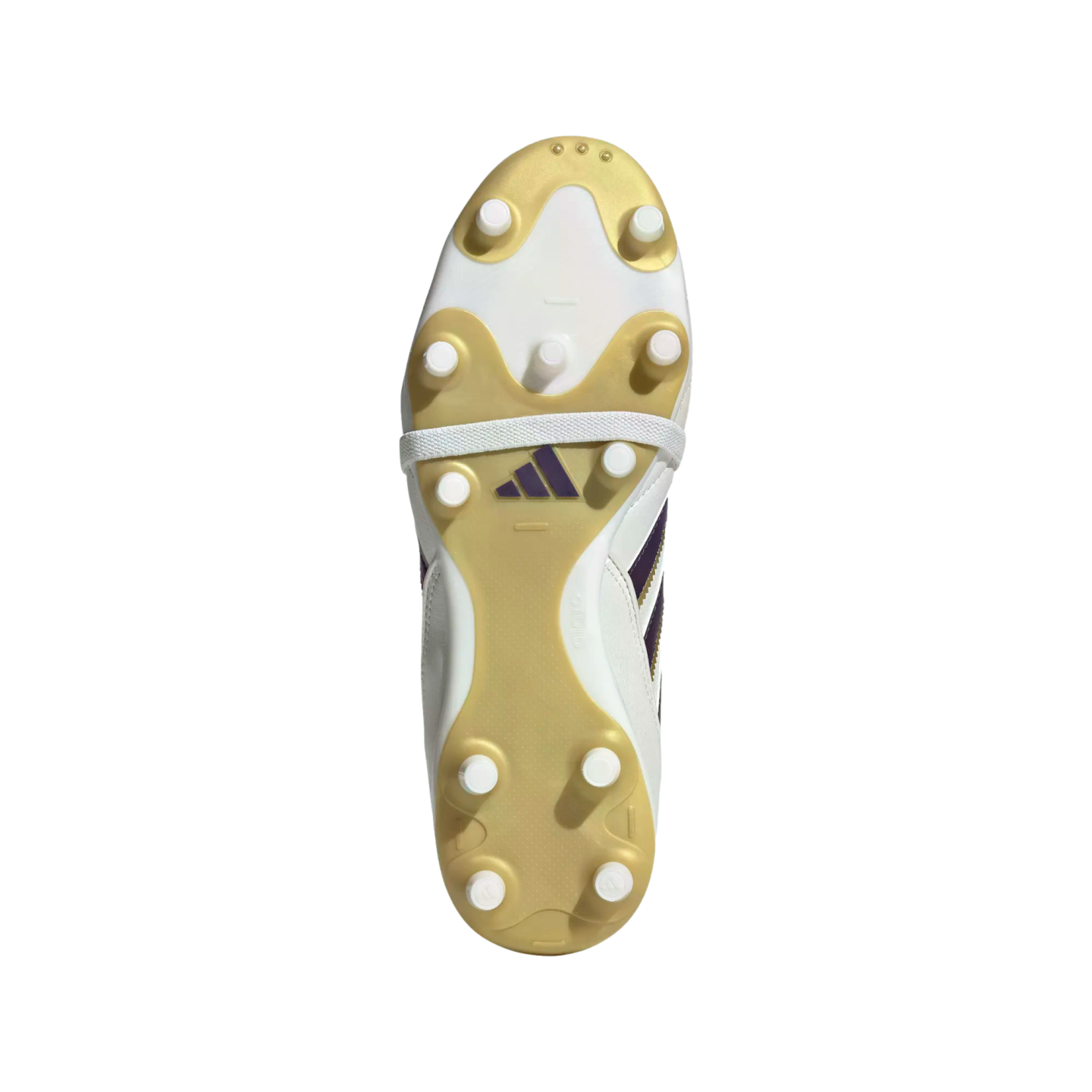 Bottom view of a white and gold Adidas soccer cleat's outsole. It features conical white studs on a metallic gold soleplate with a purple logo in the center.