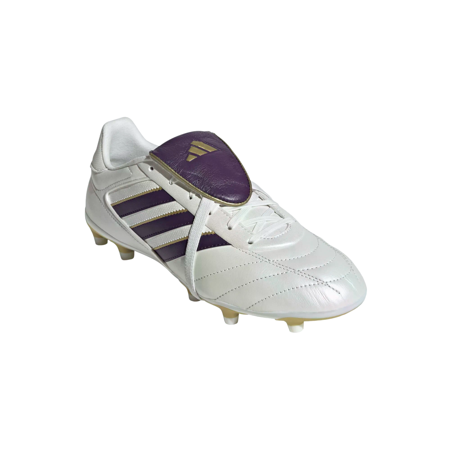 A white Adidas soccer cleat featuring purple stripes and a purple fold-over tongue with a gold logo.