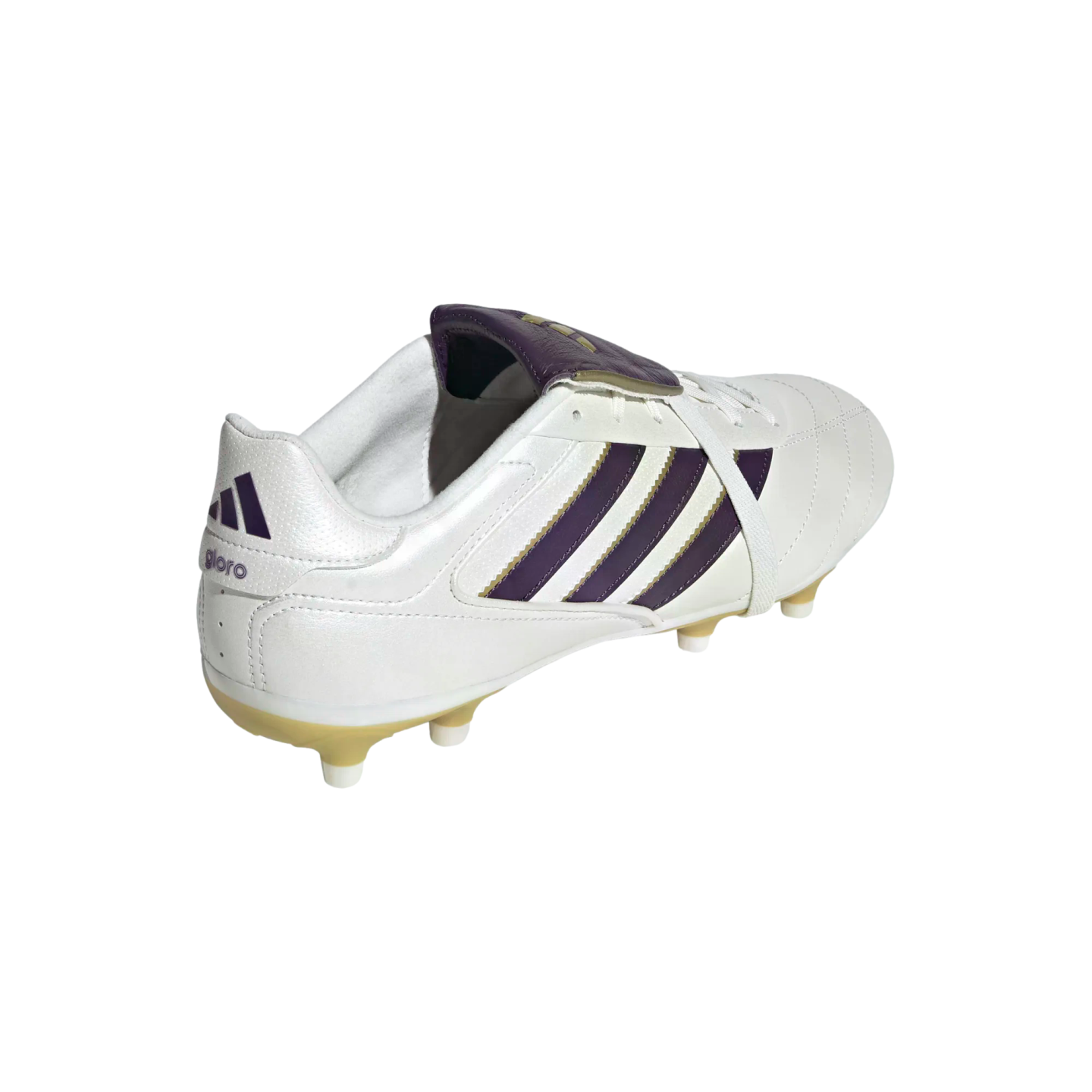 White Adidas soccer cleat with three purple stripes and a purple fold-over tongue against a white background.
