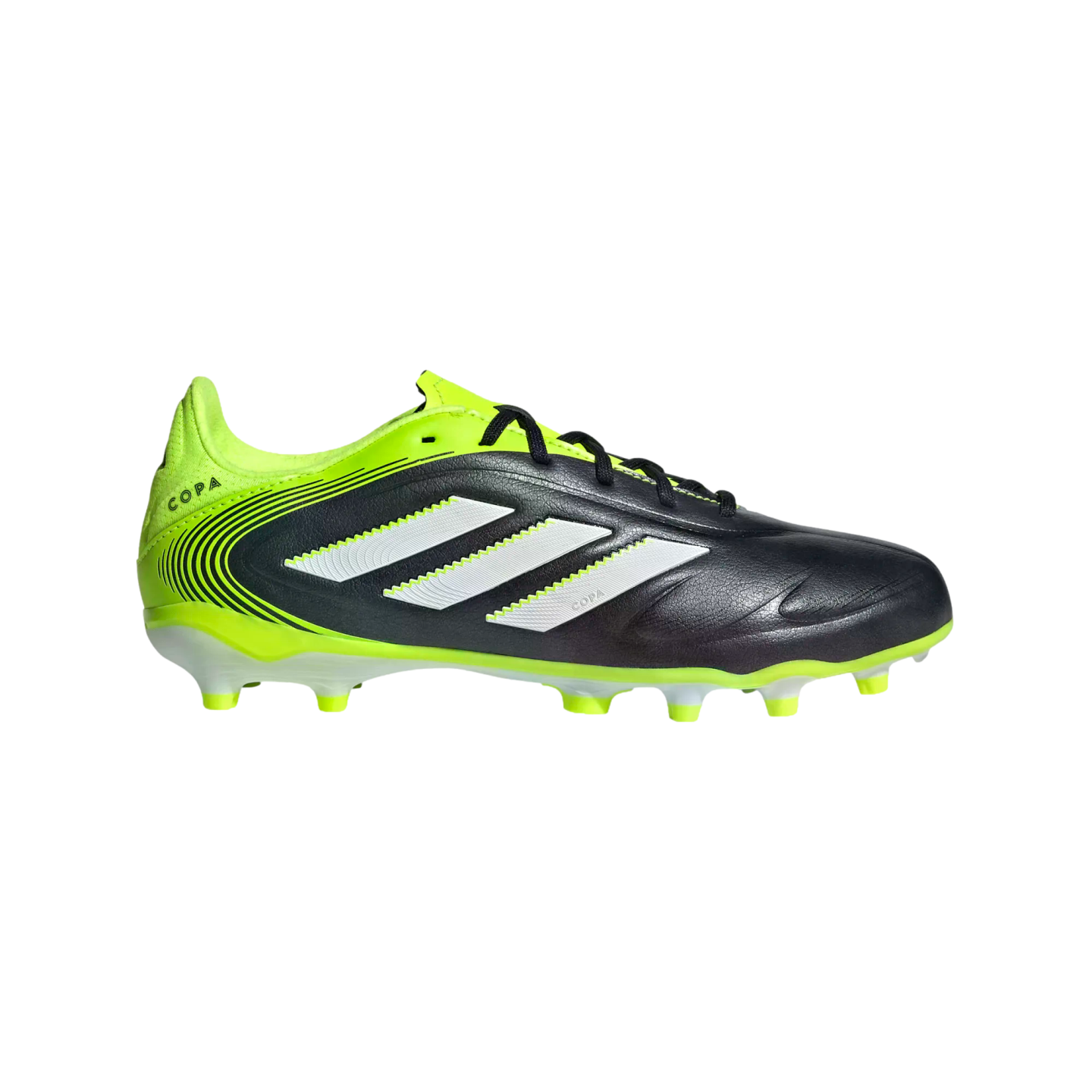 Side view of a black and neon yellow Adidas Copa soccer cleat with three white stripes.