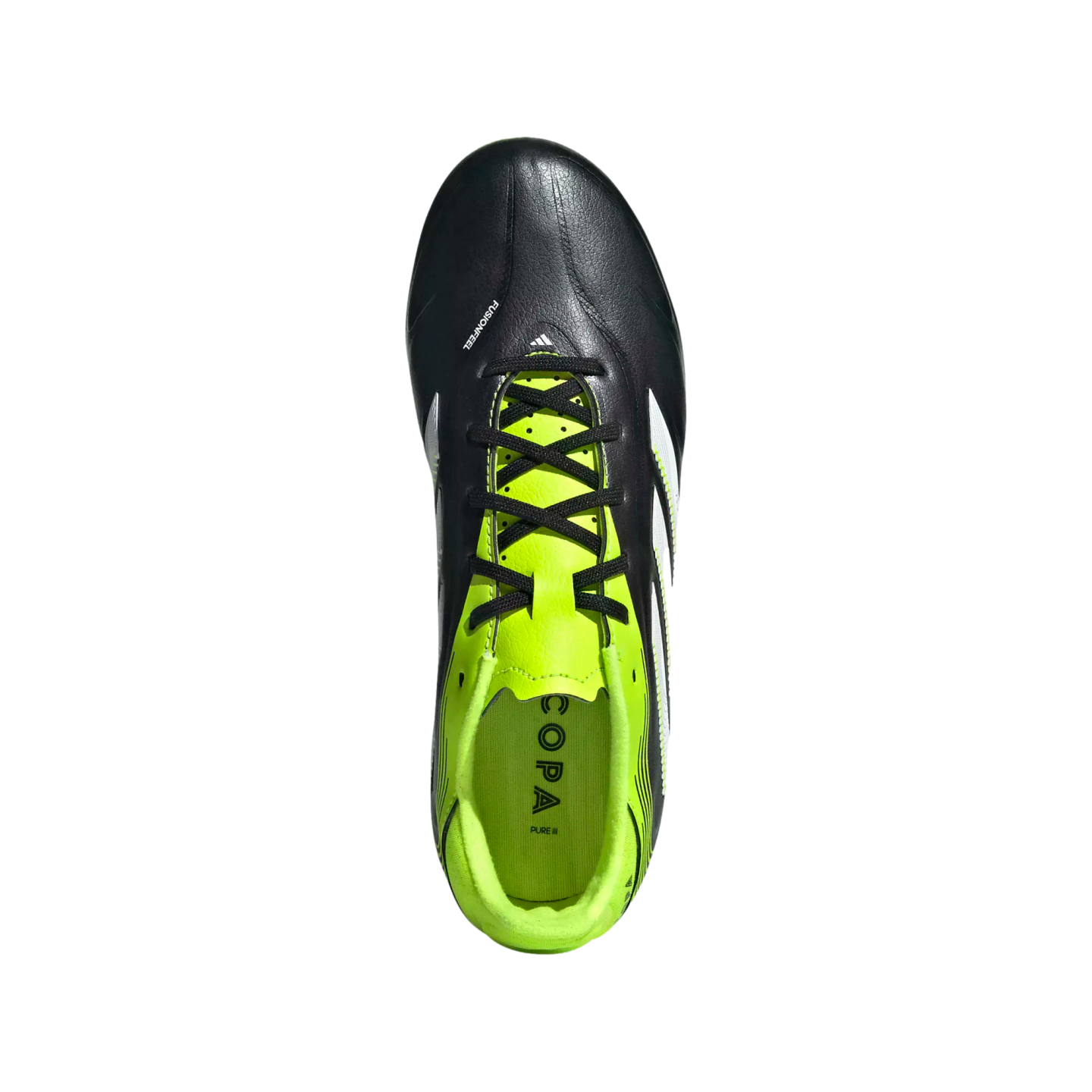 Top-down view of an Adidas Copa Pure soccer cleat featuring a black leather forefoot and vibrant neon yellow tongue and collar, against a solid black background.