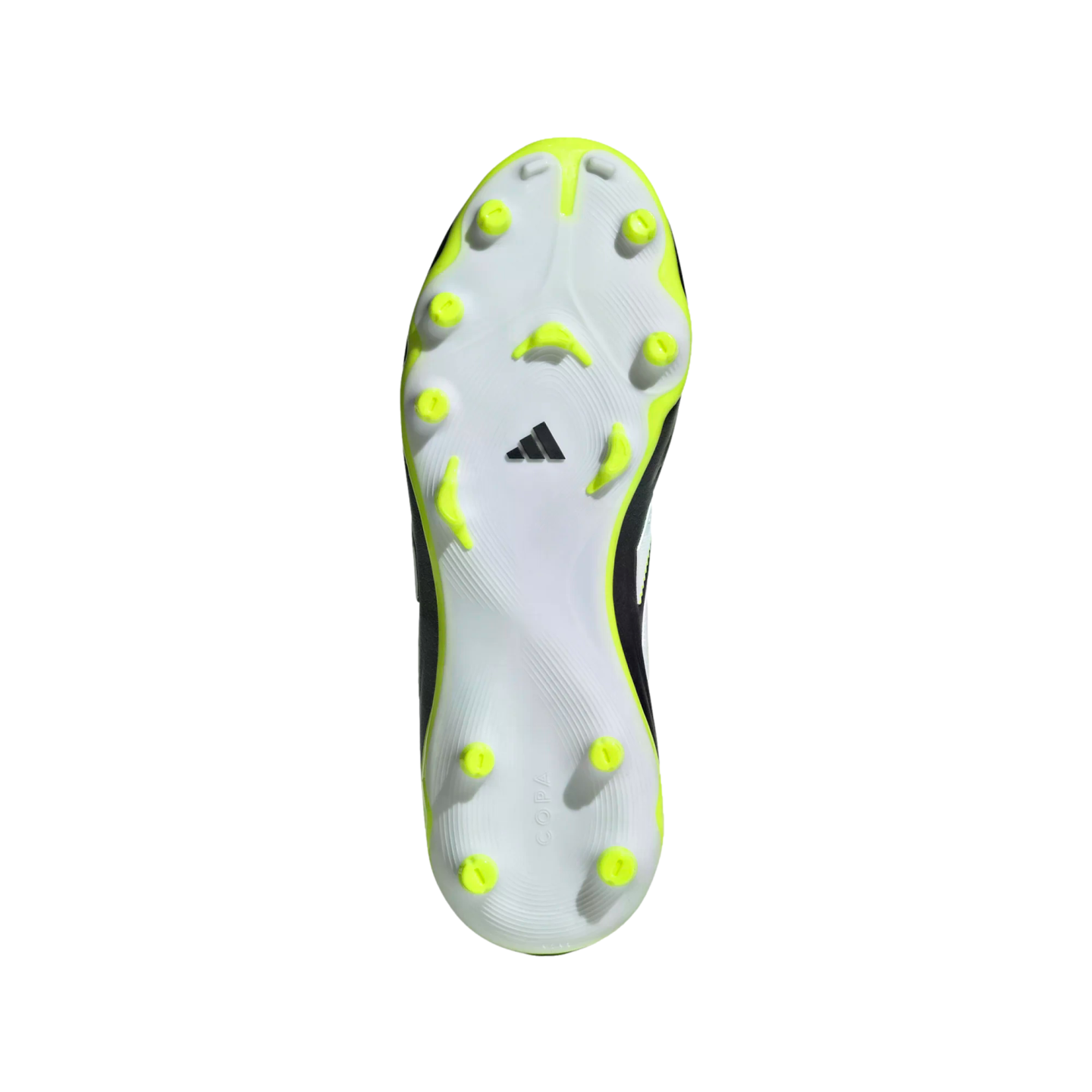 Bottom view of an Adidas Copa soccer cleat with a white soleplate, neon yellow studs, and a black logo.