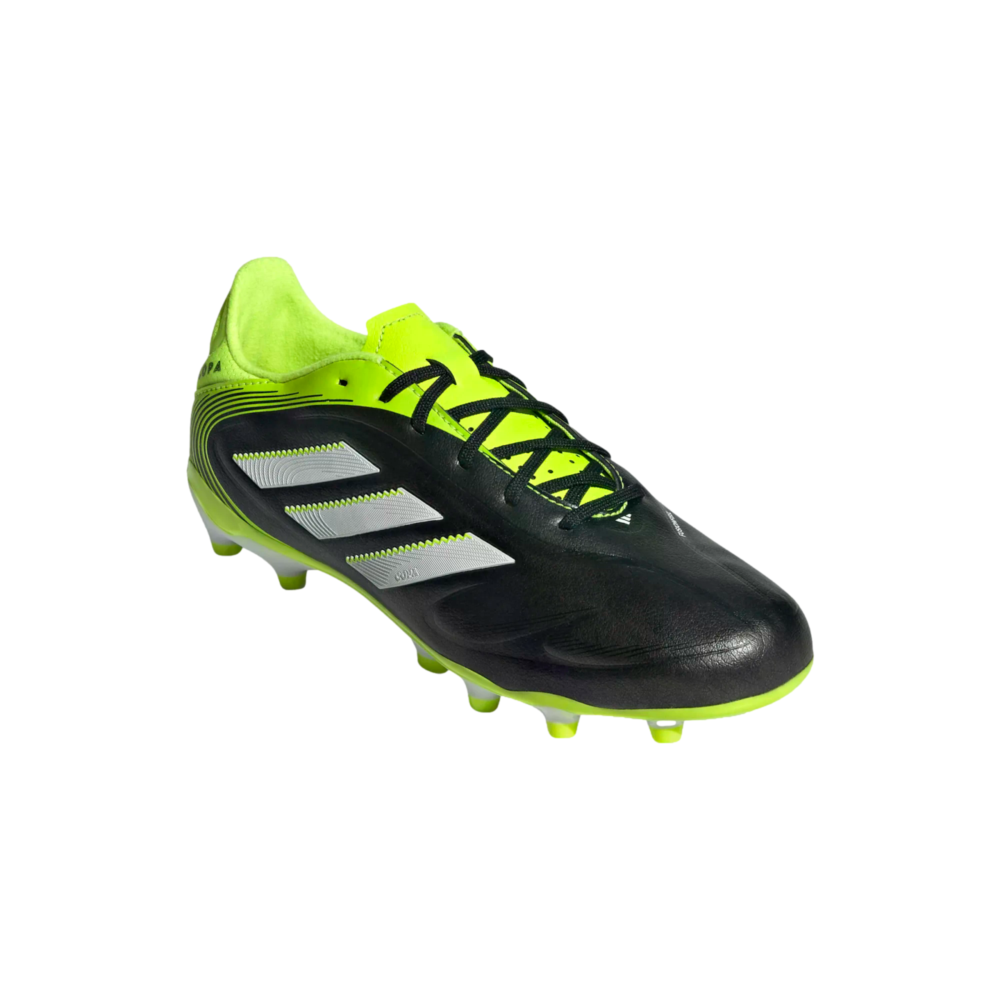 Adidas soccer cleat with a black leather upper, neon yellow heel and sole, and three silver stripes. Features black laces and neon yellow studs on a black background.