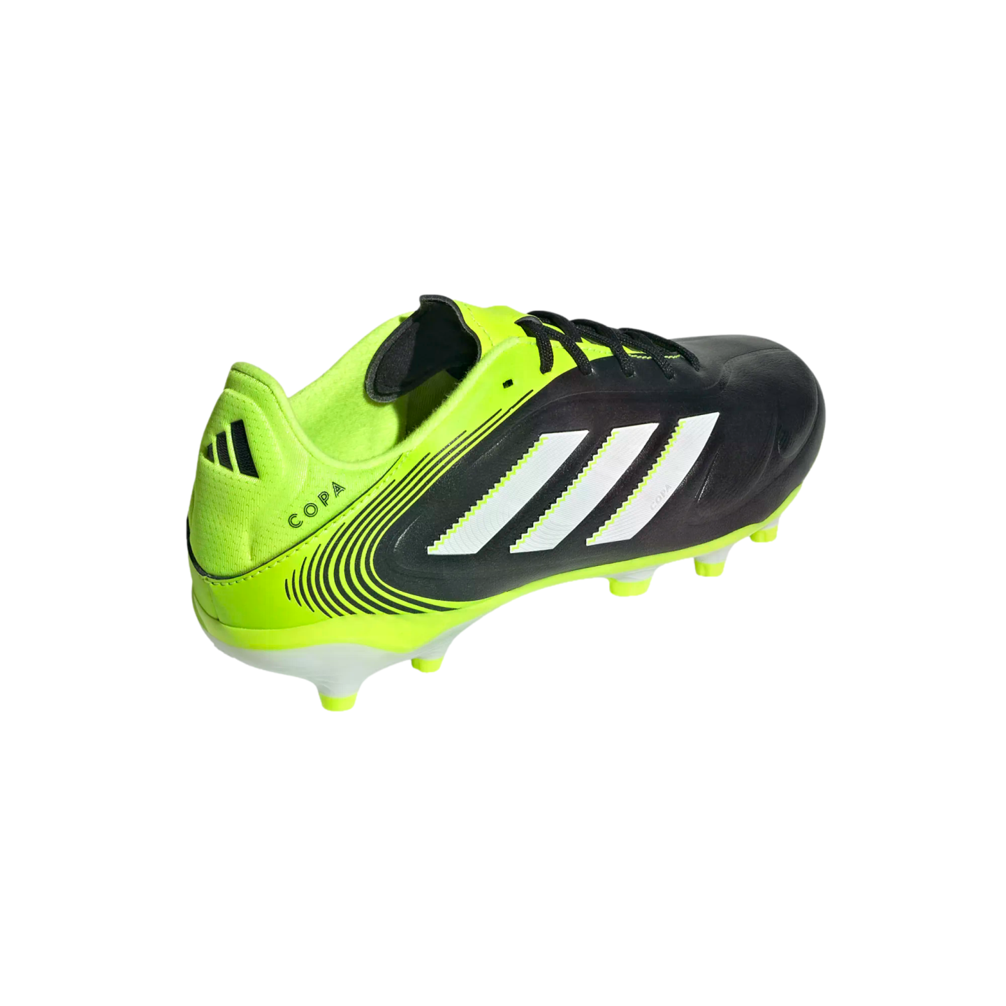 Black and lime green Adidas Copa soccer cleat featuring three white stripes and a studded sole, shown from a rear side angle on a black background.