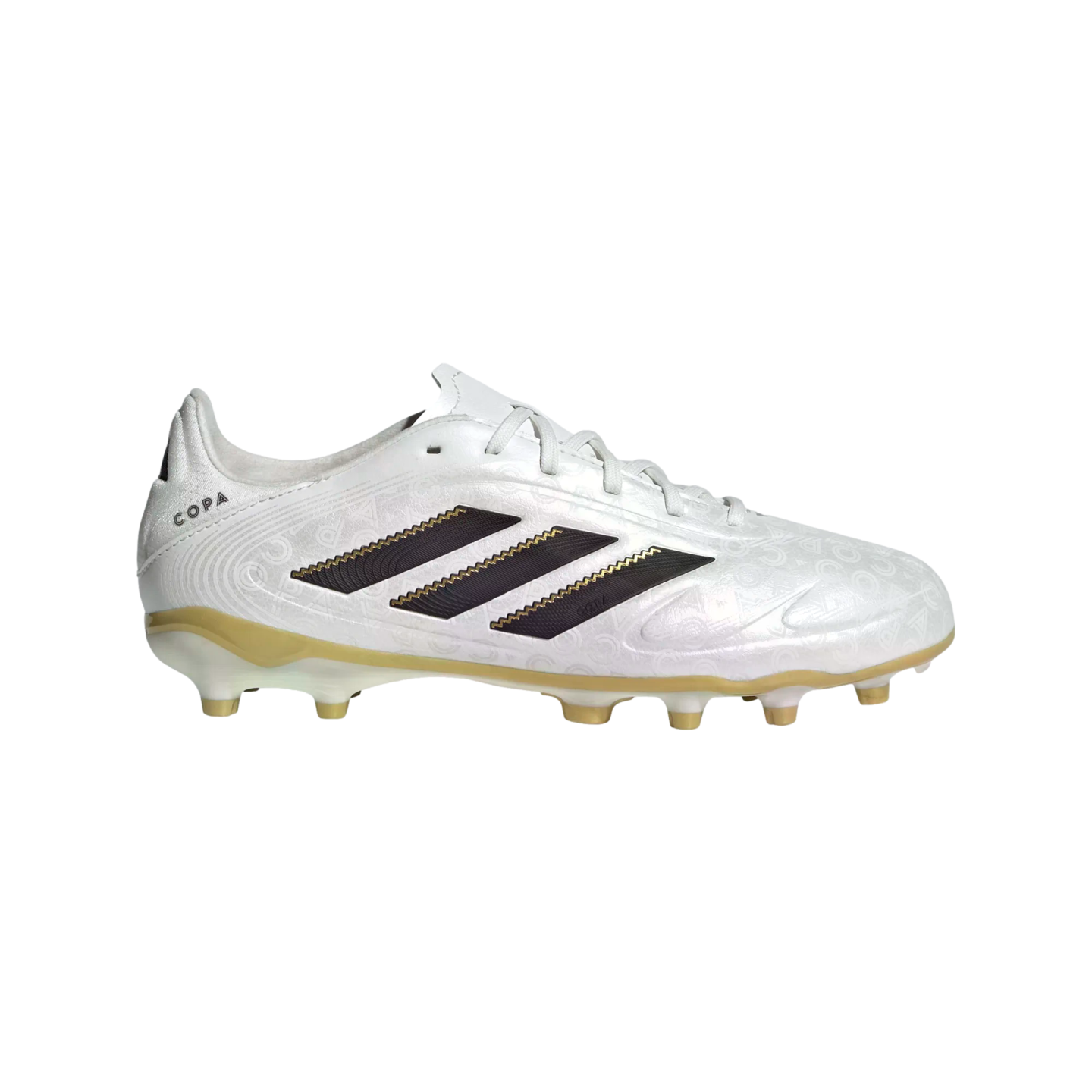 White Adidas Copa soccer cleat with black side stripes, gold accents, and a metallic gold soleplate.