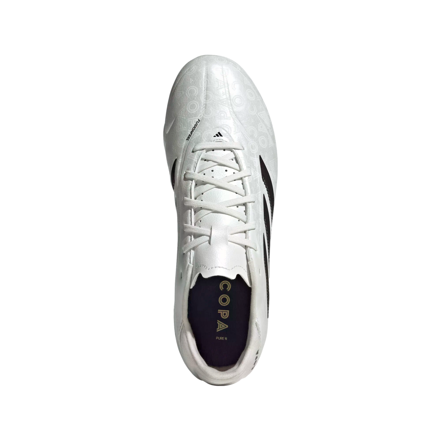 Overhead view of a white Adidas Copa Pure II soccer cleat with black and gold branding.