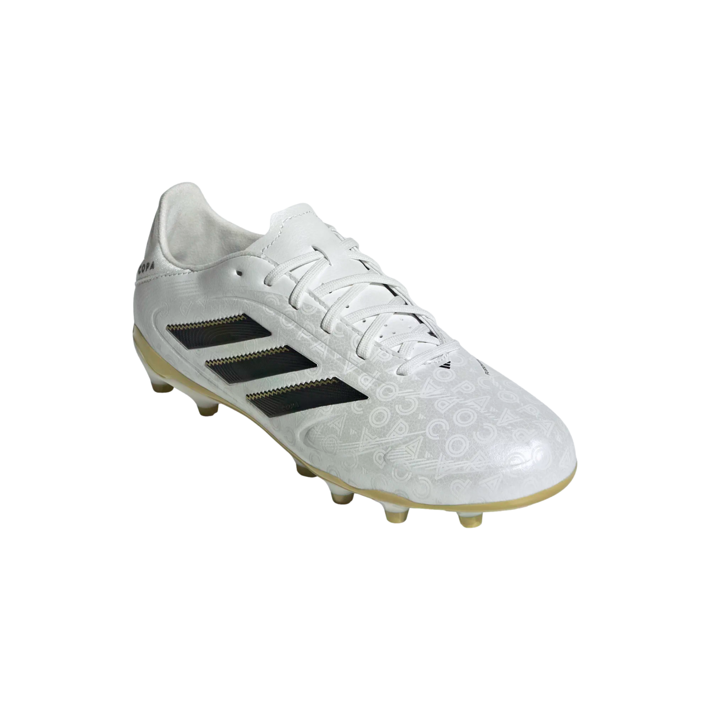 White Adidas Copa soccer cleat with black stripes, gold accents, and an embossed "COPA" pattern, shown from a side angle on a white background.