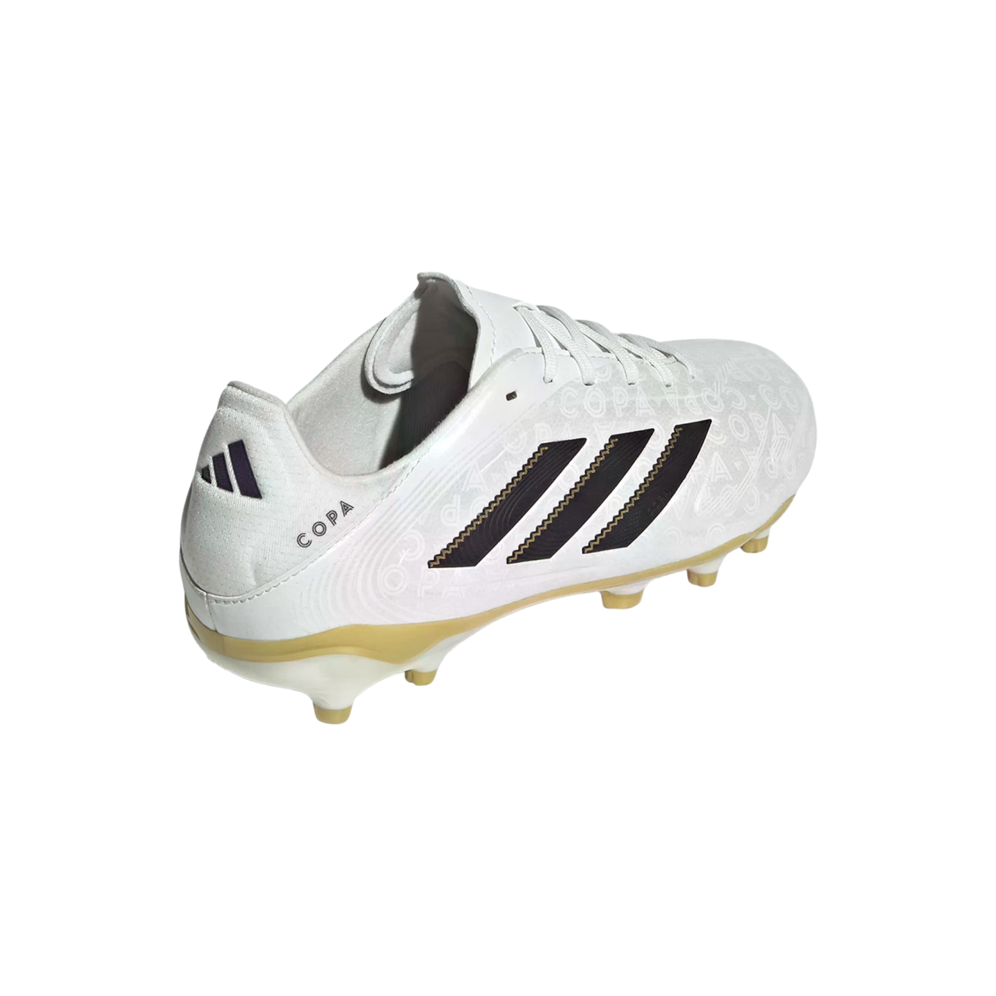 Rear view of a white Adidas Copa soccer boot with three black stripes and gold accents on a white background.