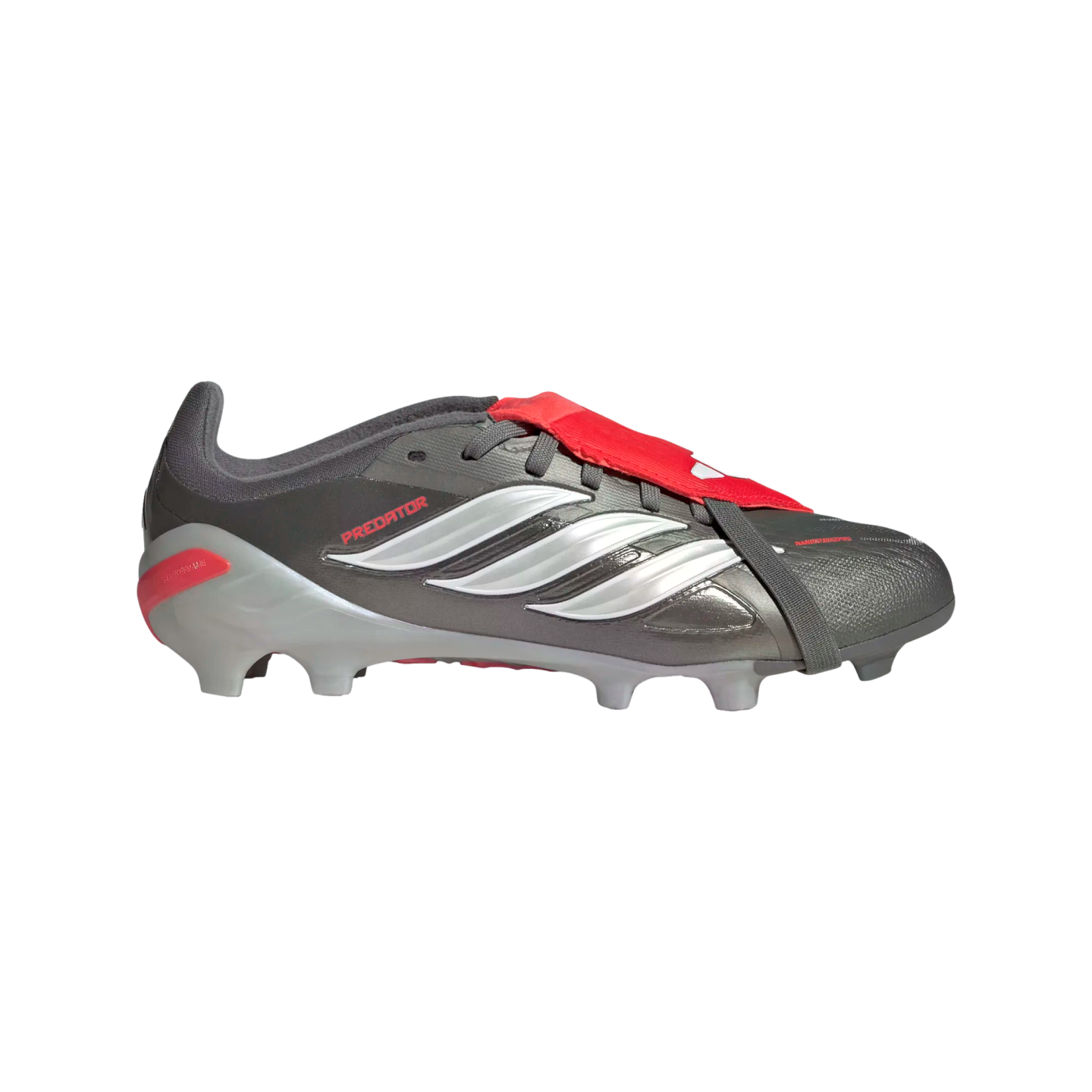 A metallic grey Adidas Predator soccer cleat with white stripes and a red fold-over tongue strap, shown from the side against a black background.