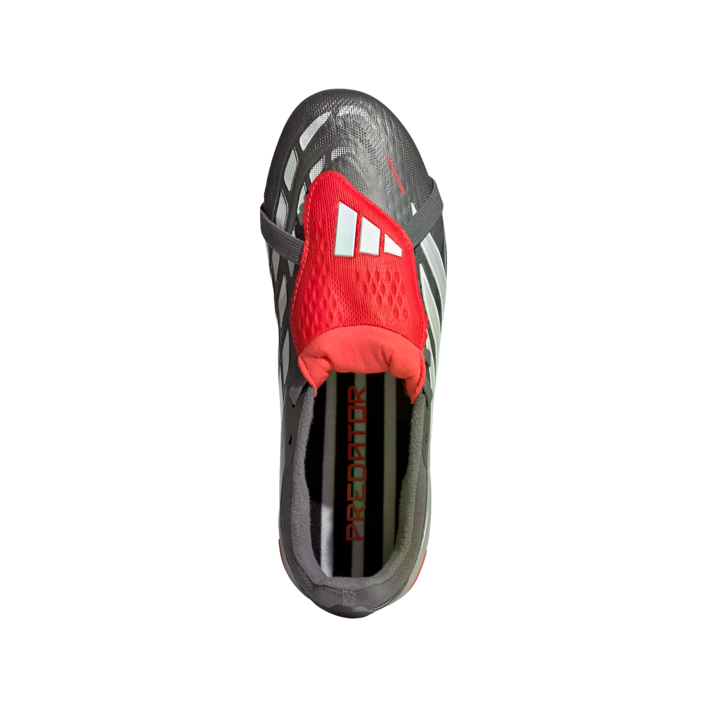 A top-down view of a grey and red Adidas Predator soccer cleat on a solid black background.