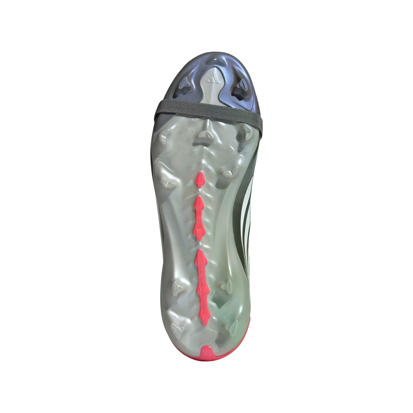 Underside of a silver Adidas soccer cleat with pink studs, a "Power Spine" soleplate, and a grey elastic strap on a black background.