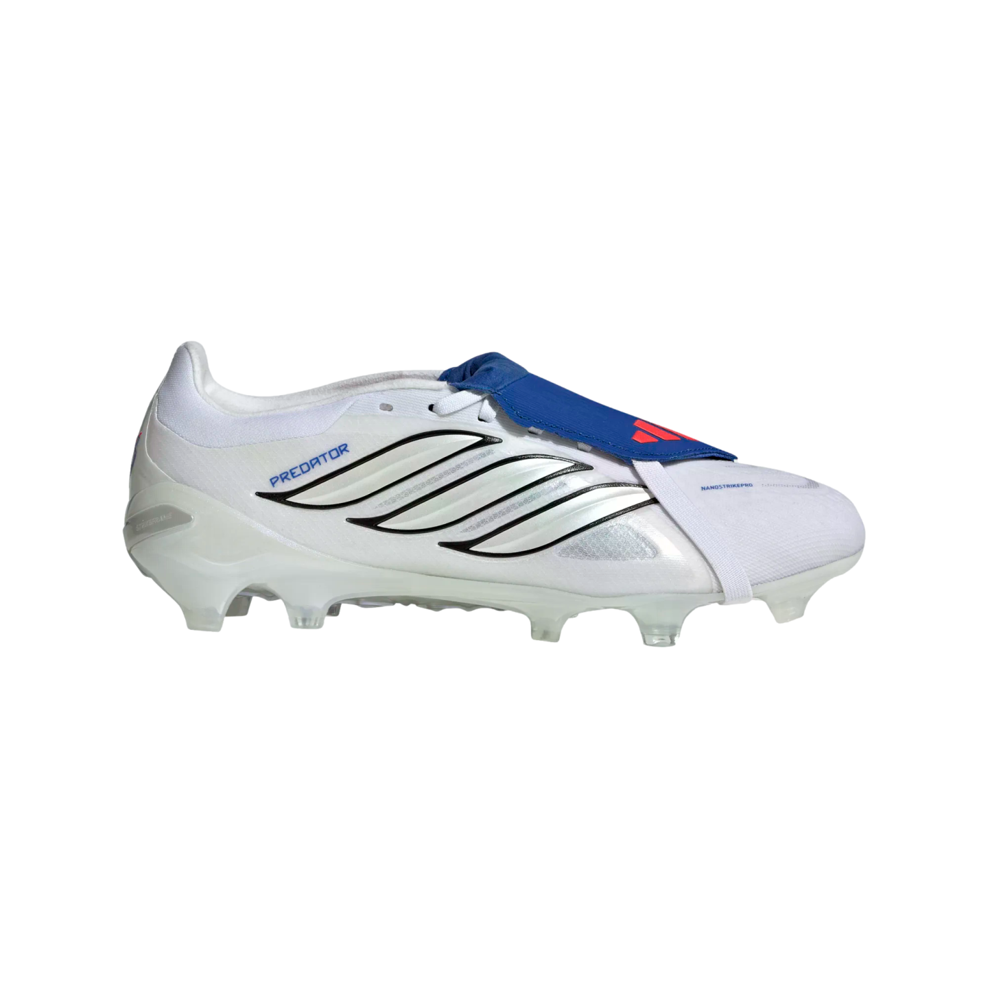 A side profile of a white Adidas Predator soccer cleat with silver metallic stripes and a blue tongue cover, displayed against a black background.