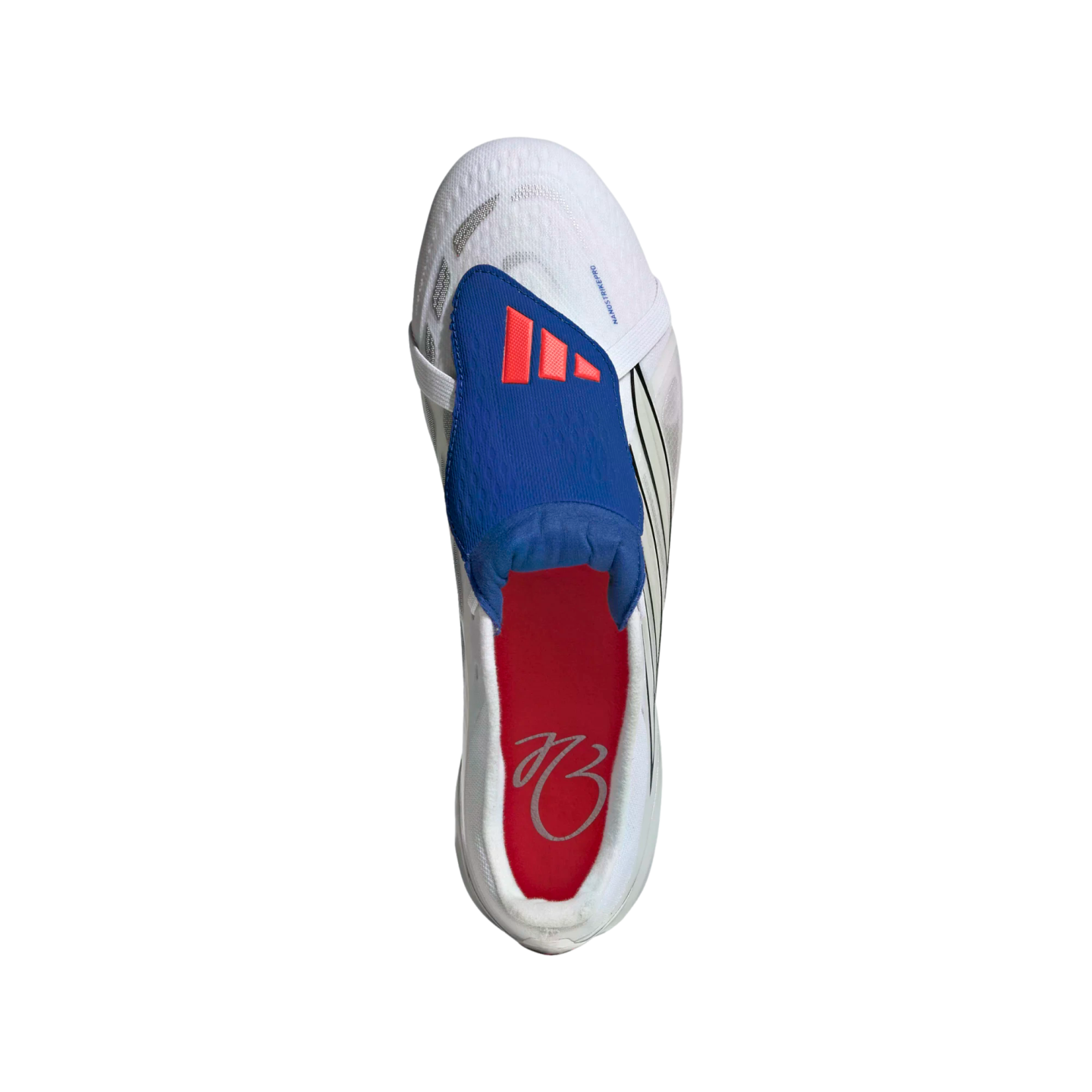 Top-down view of a white athletic shoe with a blue lace shroud featuring three orange stripes and a red insole with script, set against a black background.