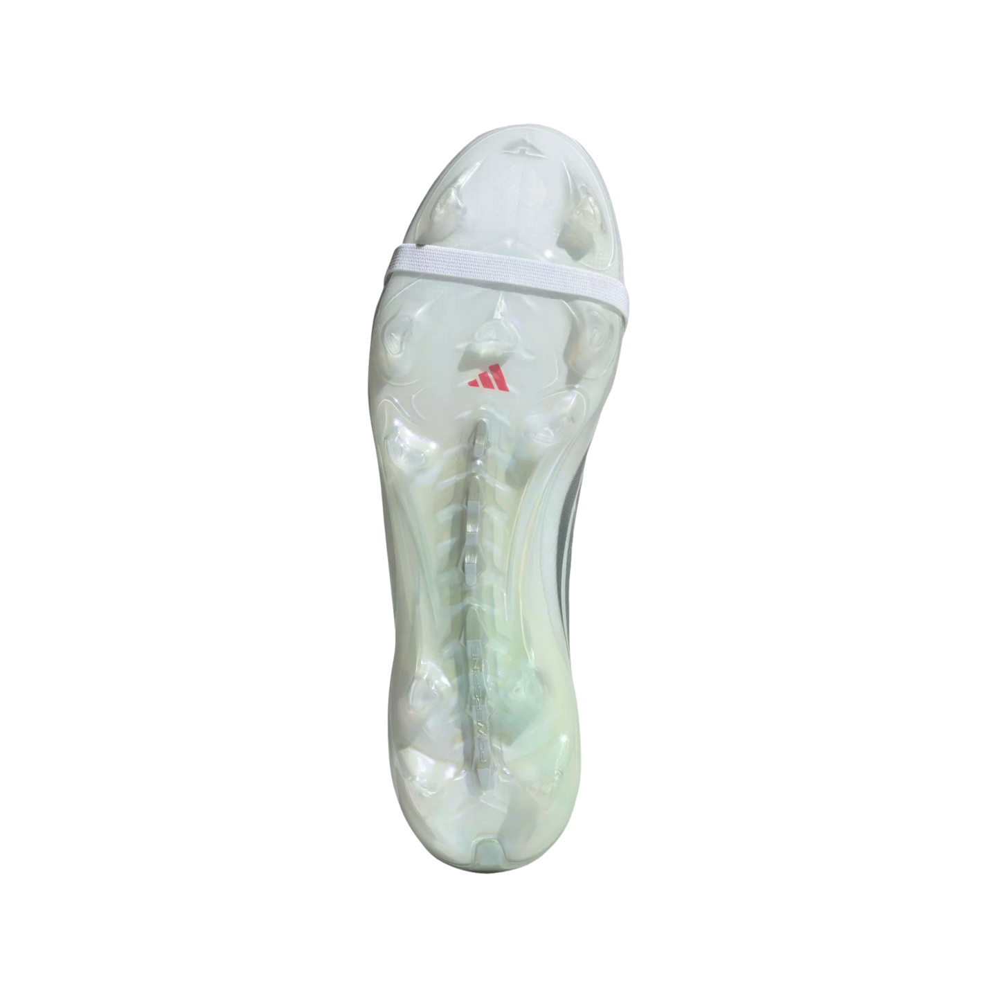 Bottom view of a translucent white Adidas soccer cleat soleplate featuring a red logo, white forefoot strap, and visible "POWERSPINE" technology along the center.