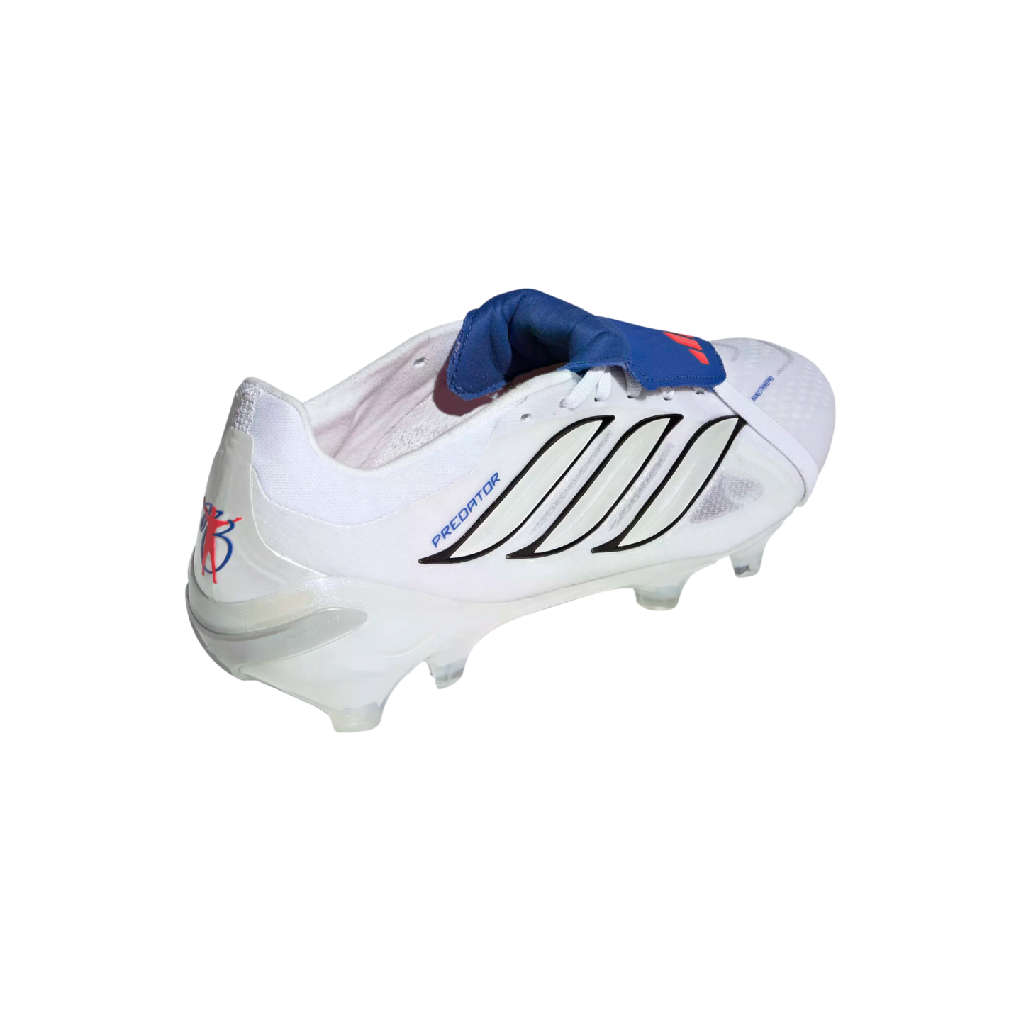White Adidas Predator soccer cleat with black stripes and a blue fold-over tongue, featuring a David Beckham logo on the heel, isolated on a black background.