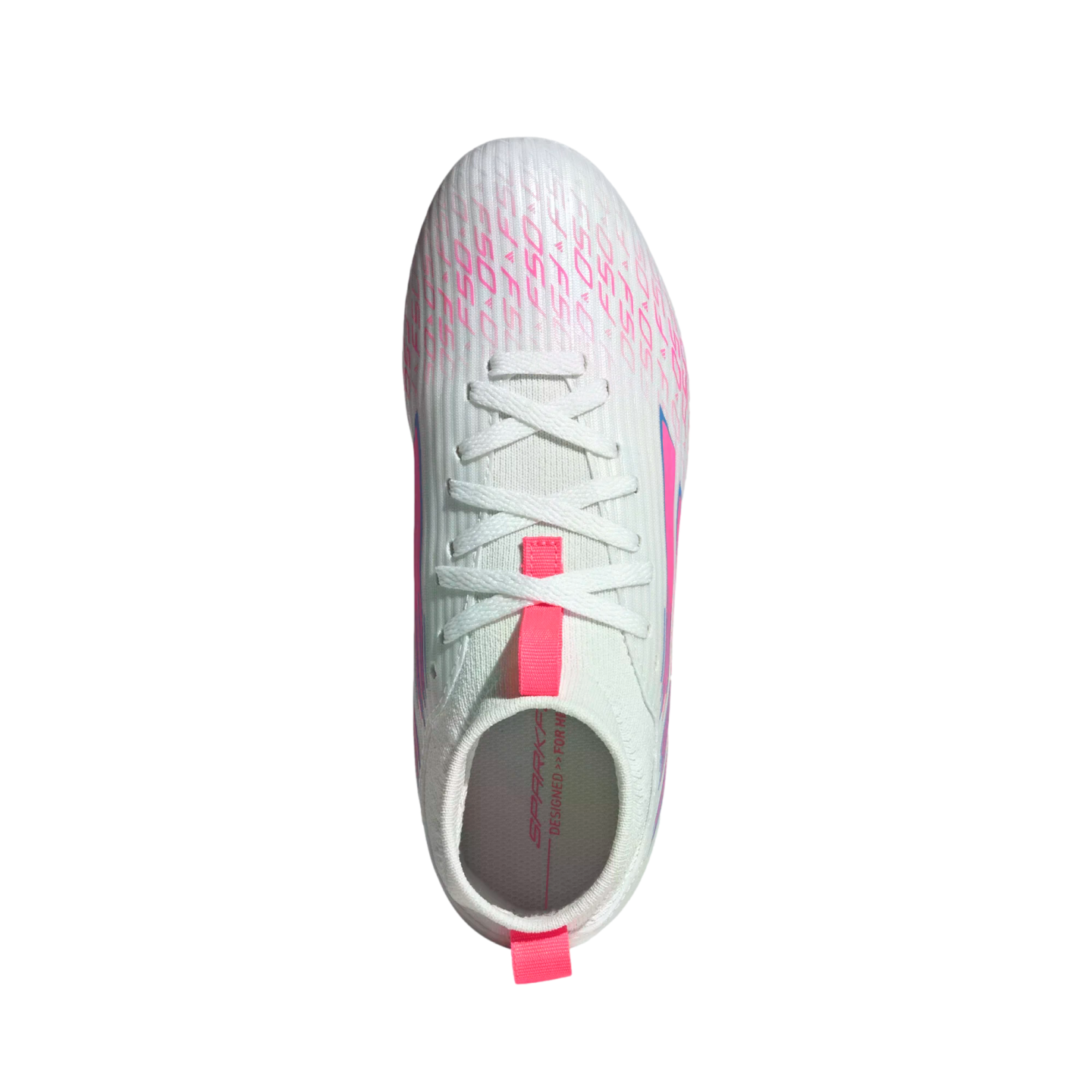 Top-down view of a white Adidas soccer cleat with pink and blue accents and white laces, centered against a black background.