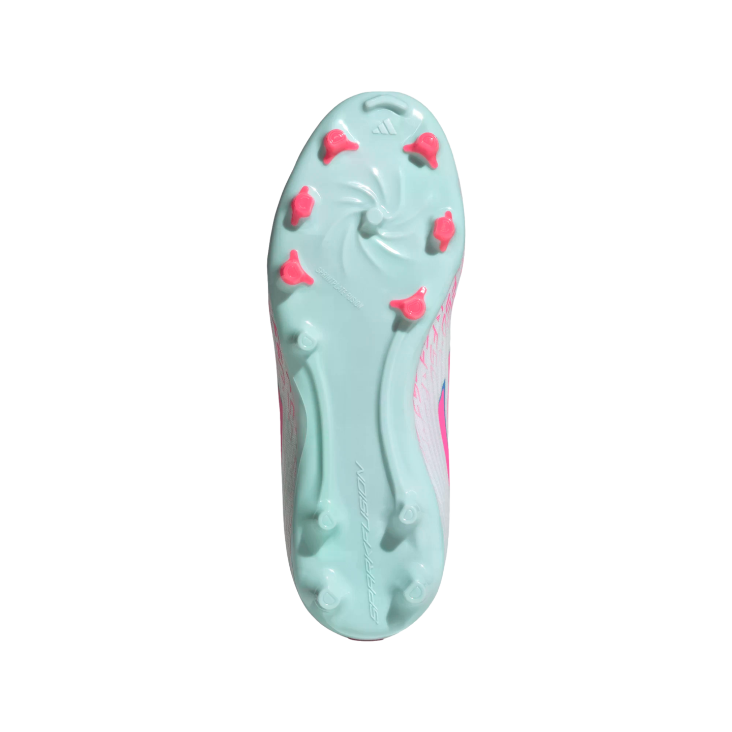 Light blue Adidas soccer cleat soleplate with pink and blue studs, seen from below against a solid black background.