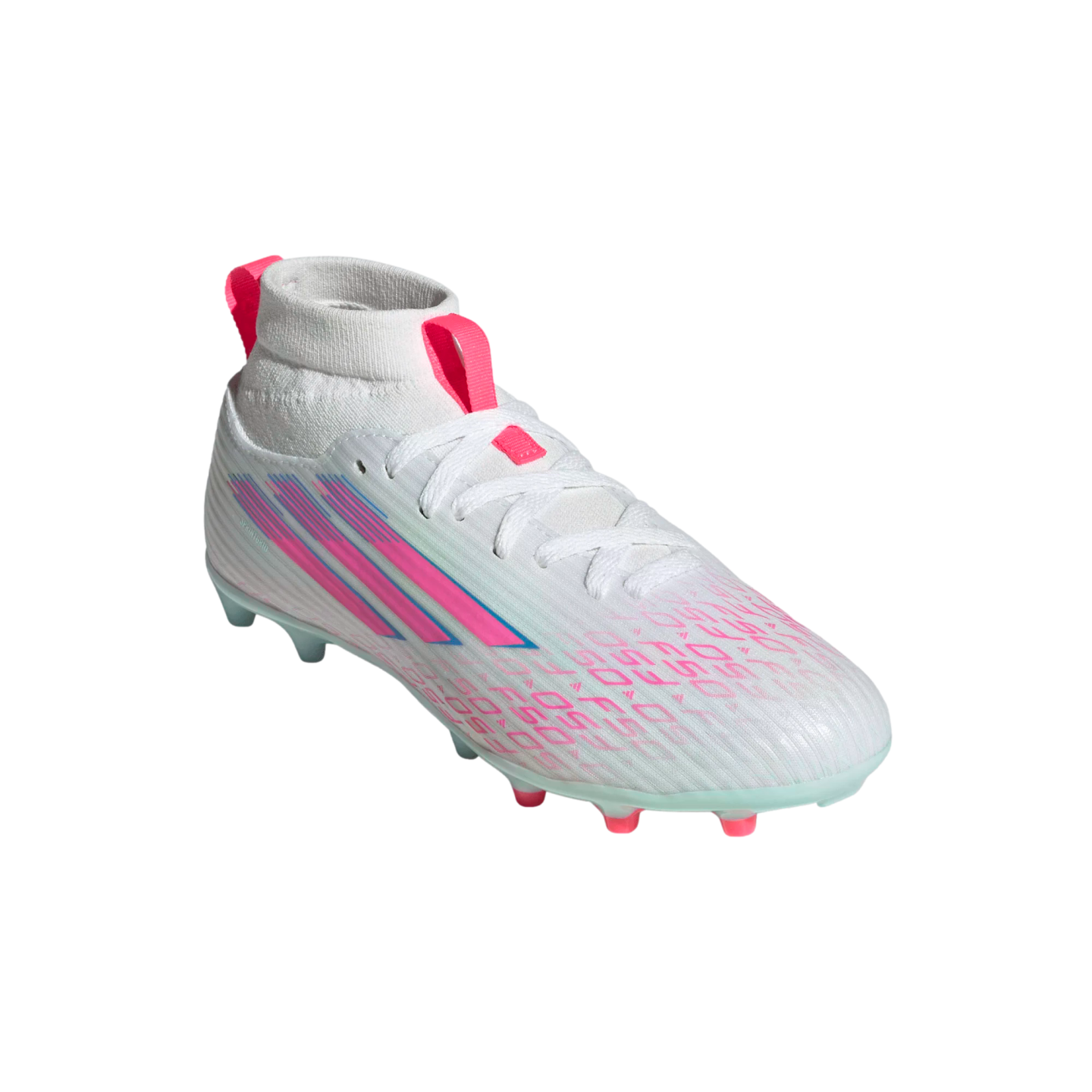 A white Adidas high-top soccer cleat with pink and blue stripes, pink pull tabs, and a mint green sole with pink studs, isolated on a black background.