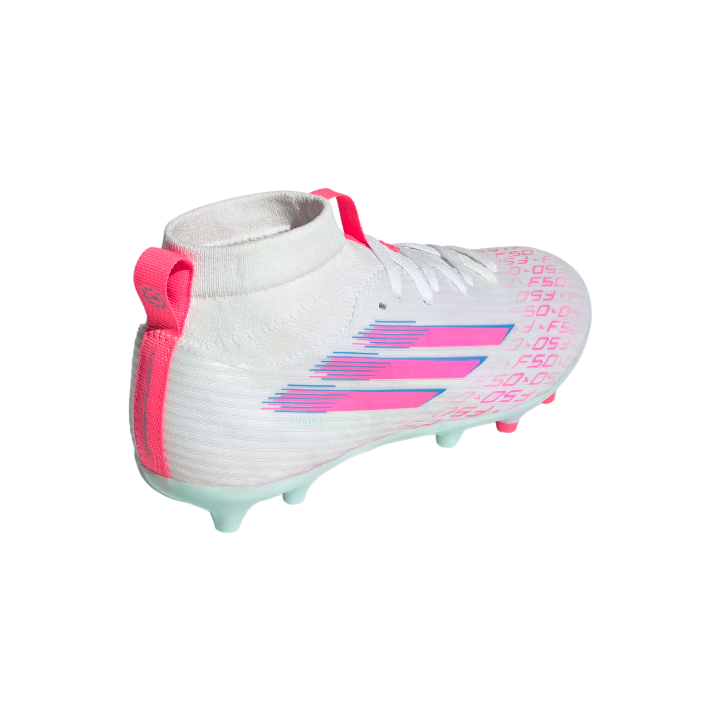 Rear view of a white Adidas F50 soccer cleat with pink and blue accents, a high-top collar, and pink pull tabs, isolated on a black background.