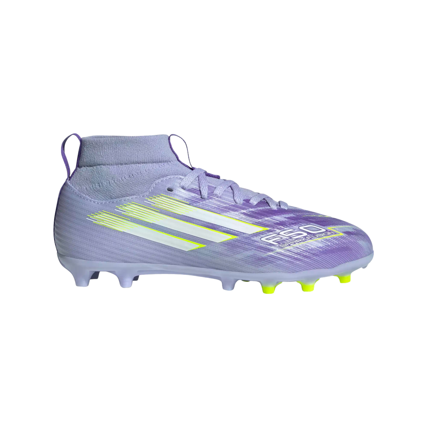 Profile of a light purple Adidas F50 soccer cleat with white stripes and yellow accents, featuring a mid-cut collar, shown against a black background.