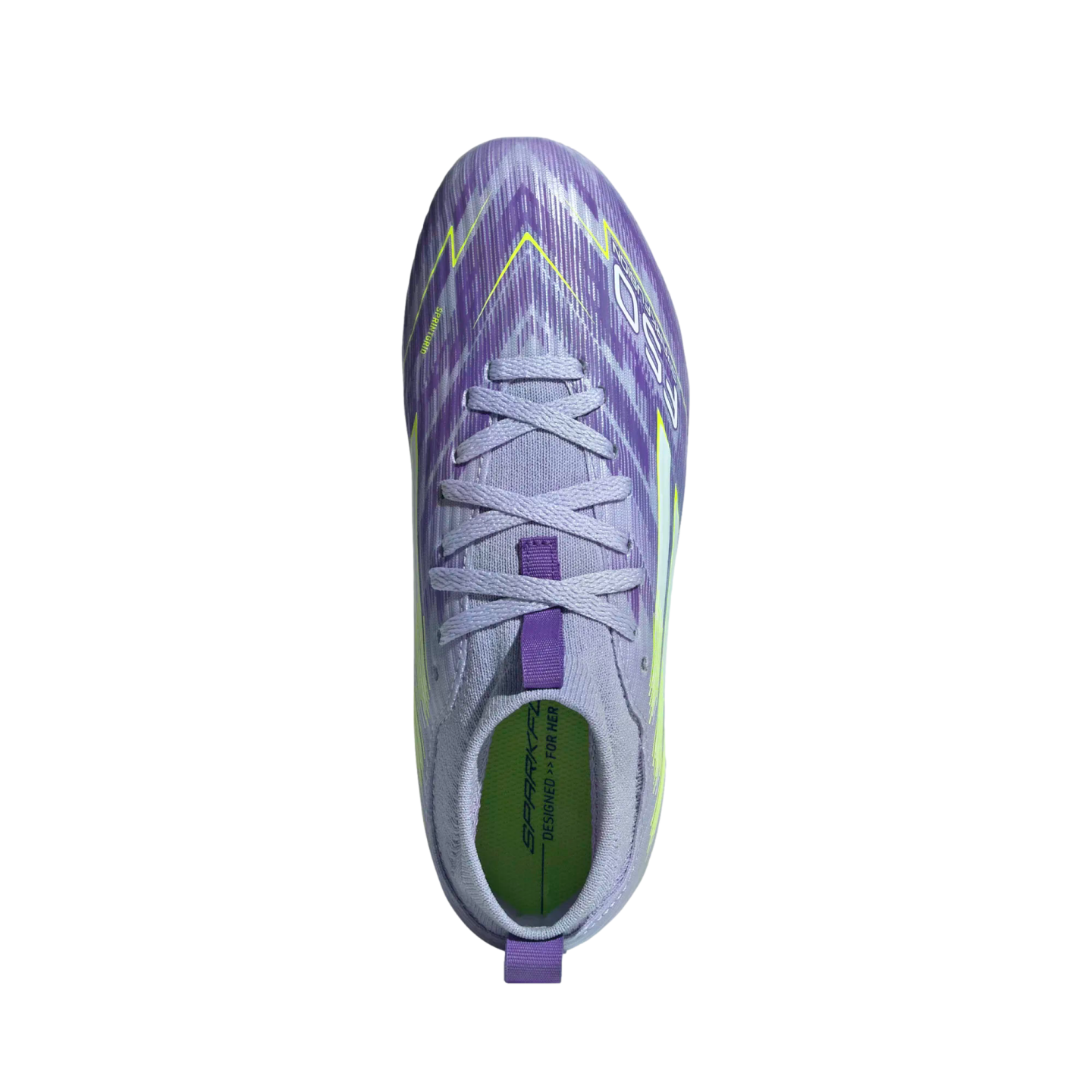 Top-down view of a light purple and yellow soccer cleat with laces and a high-top collar against a black background.