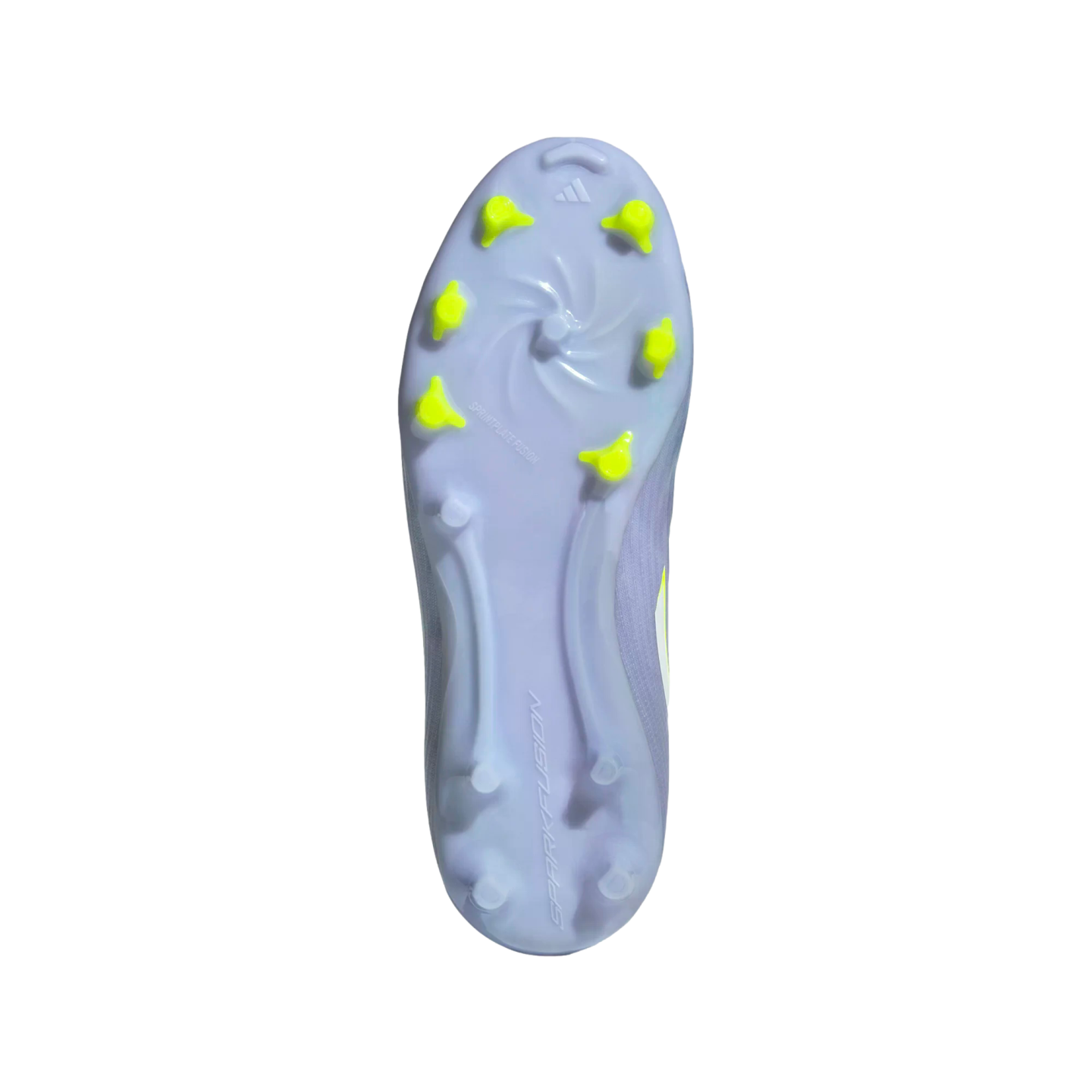 Underside of a light blue Adidas soccer cleat with neon yellow studs against a black background. Includes the text "SPRINTPLATE FUSION" and "SPARKFUSION" on the soleplate.