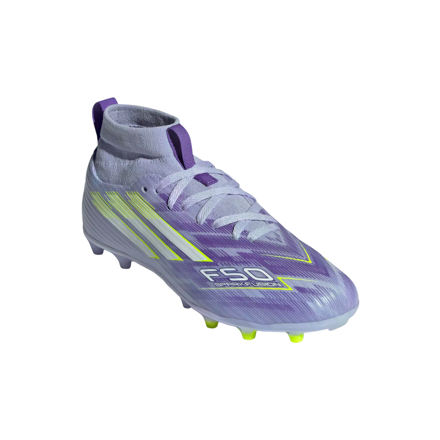 Light purple soccer cleat with a sock-like collar, lime green accents, and "F50 SPARKFUSION" text on the side, against a black background.