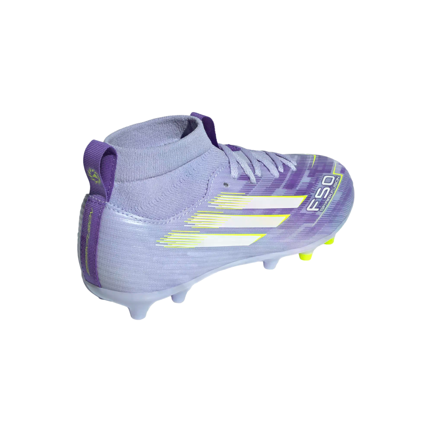Purple Adidas F50 soccer boot with white stripes and a high-top sock collar, viewed from a rear-side angle on a black background.
