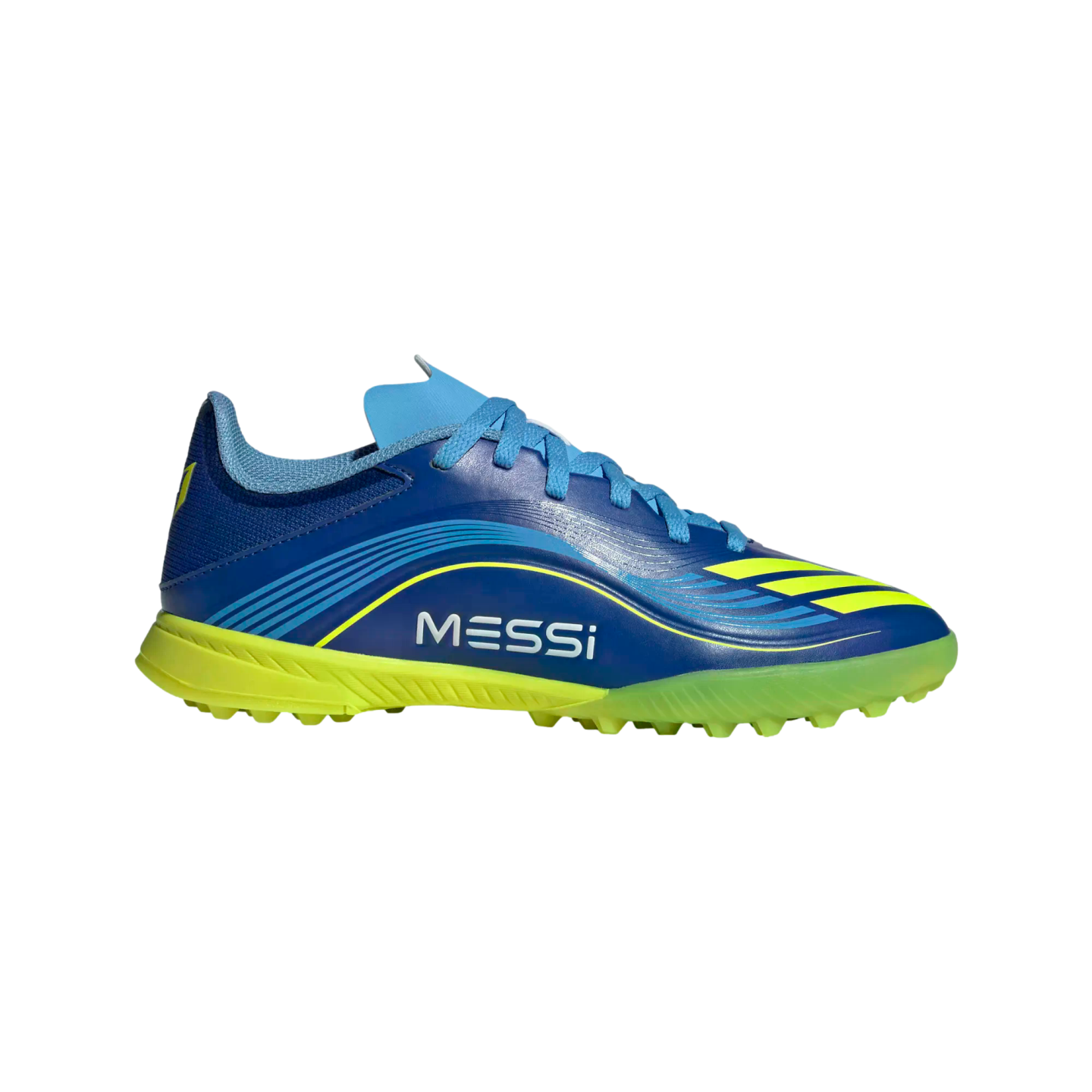 A side view of a blue and lime yellow soccer cleat with "MESSI" printed on the side, featuring a low-cut design and a textured sole for turf.