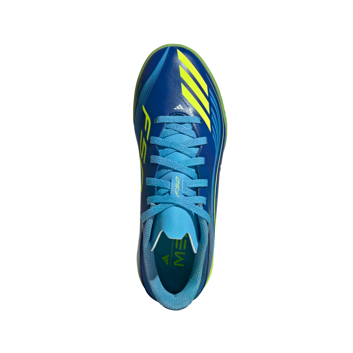 Top-down view of a blue Adidas F50 soccer shoe featuring bright yellow stripes and light blue laces against a solid black background.