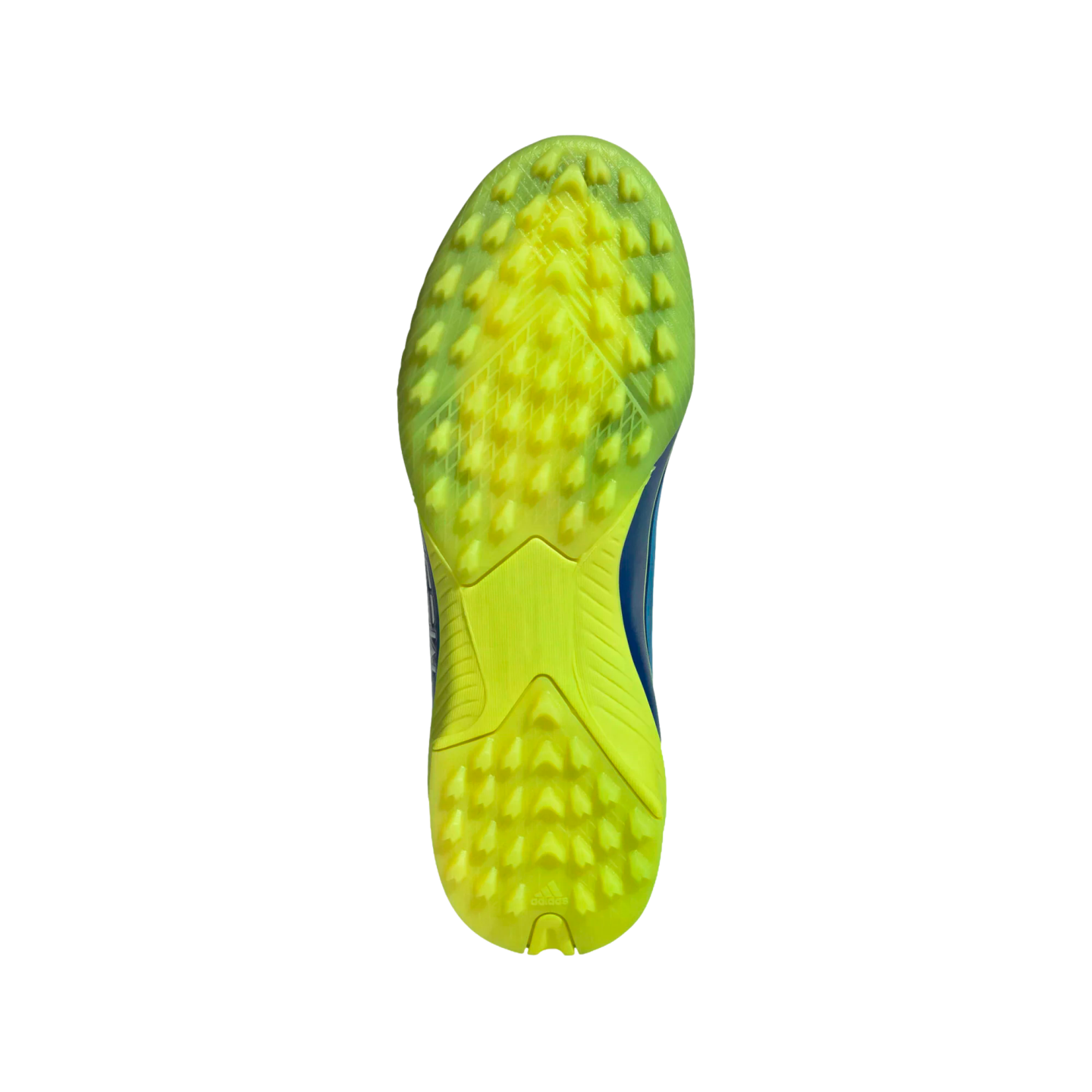 Bottom view of a neon yellow Adidas turf shoe, showing its rubber outsole with dense, triangular traction studs.