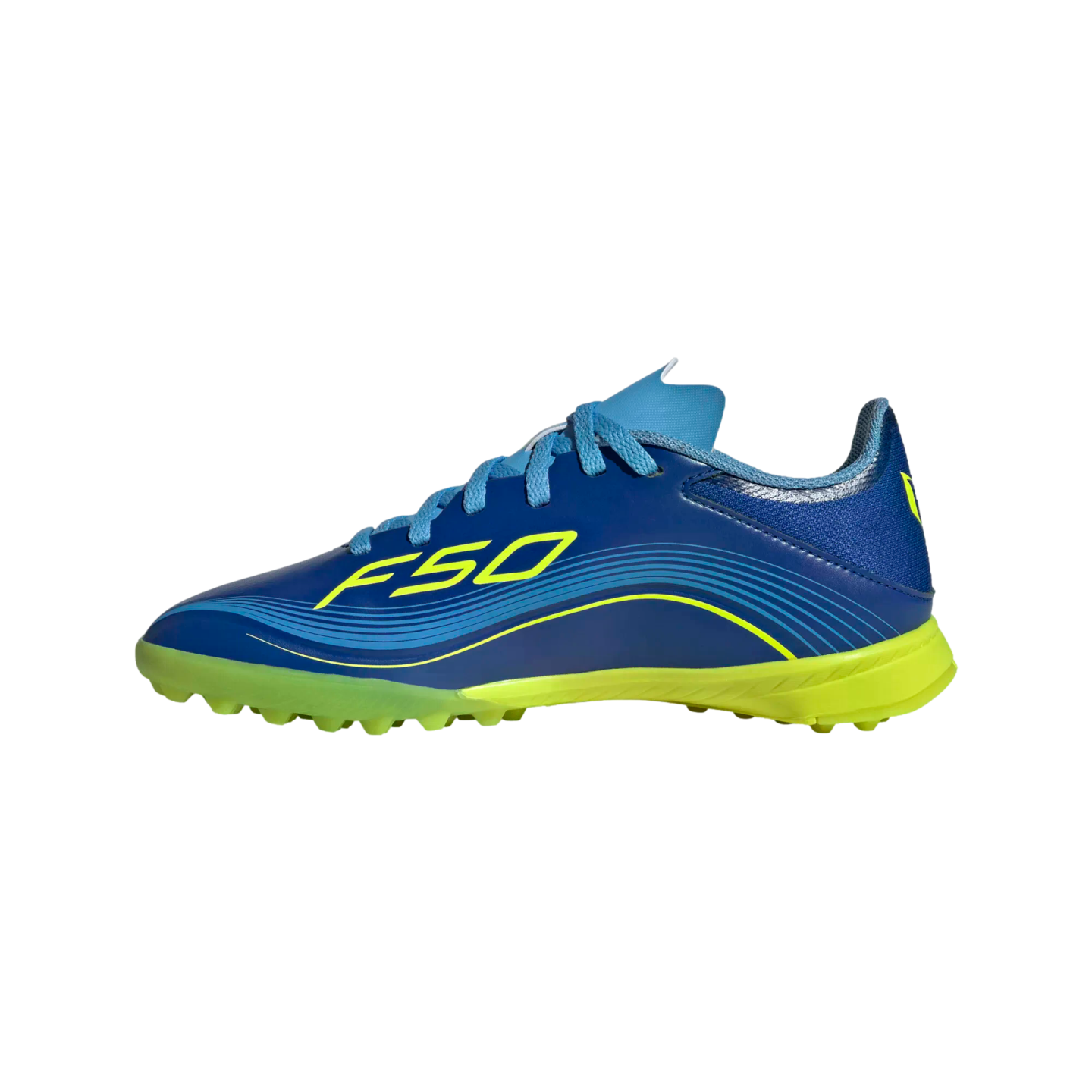 Profile view of a blue and neon yellow F50 soccer turf shoe featuring a dark blue upper, light blue laces, and a bright yellow nubby outsole.