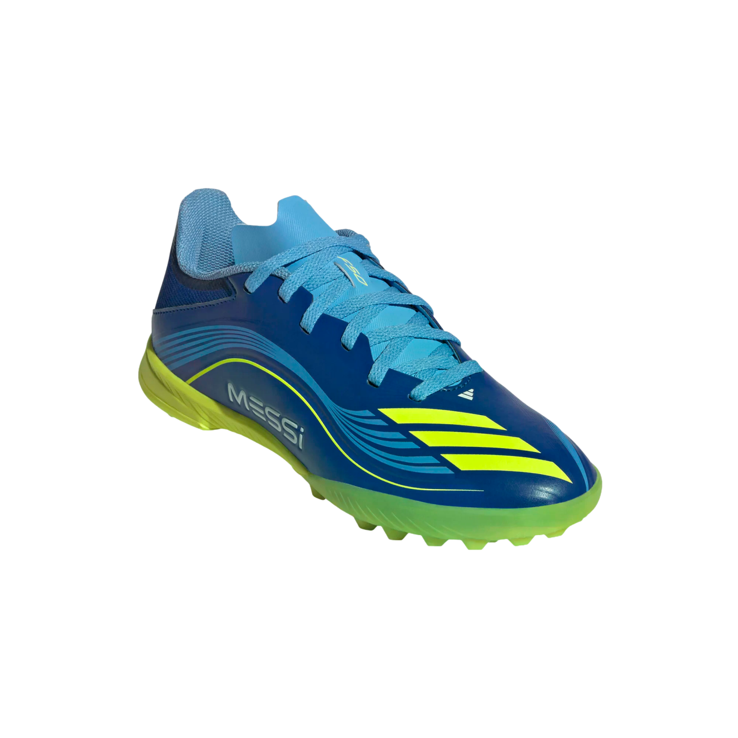 Blue and lime green Adidas F50 Messi turf soccer shoe featuring "MESSI" branding and yellow stripes on a black background.