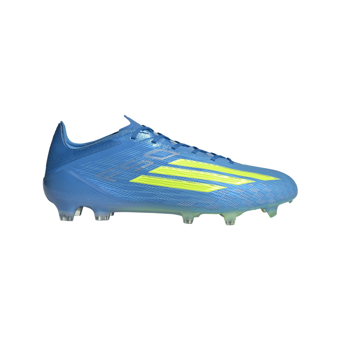 A profile view of a bright blue Adidas soccer cleat with three yellow diagonal stripes and translucent studs, set against a solid black background.