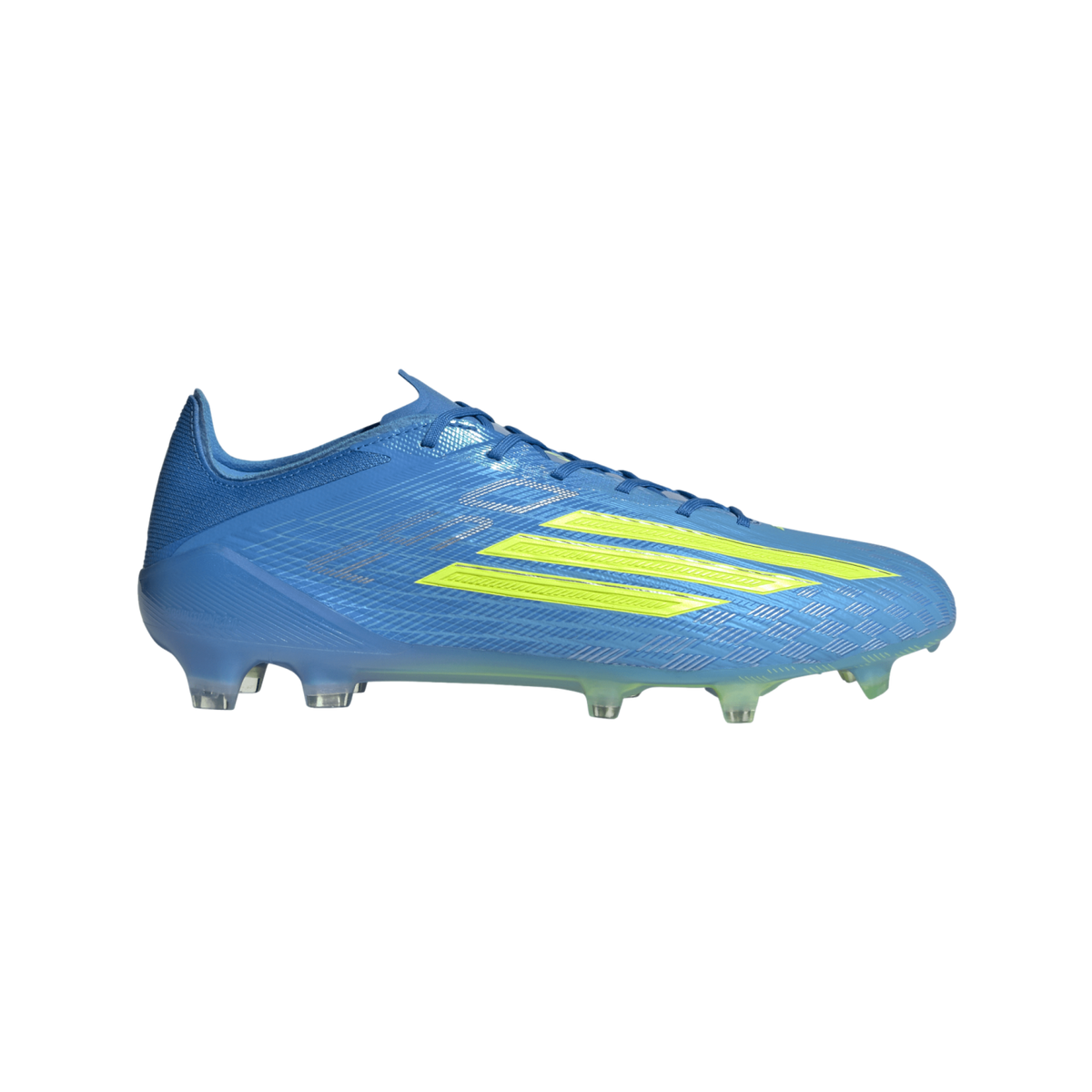 A profile view of a bright blue Adidas soccer cleat with three yellow diagonal stripes and translucent studs, set against a solid black background.