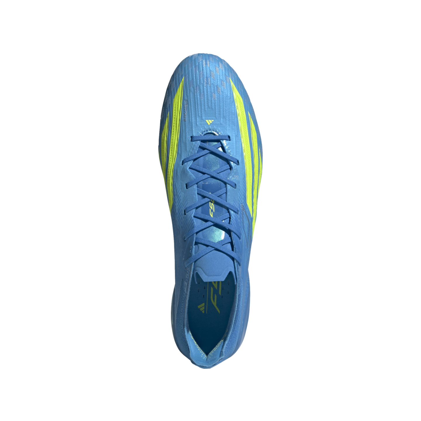 A top-down view of a bright blue Adidas soccer cleat with neon yellow accents and blue laces, centered against a solid black background.