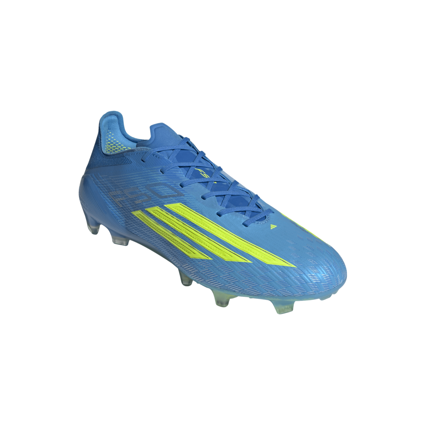 A side-profile view of a blue Adidas F50 soccer cleat with neon yellow stripes, shown against a solid black background.