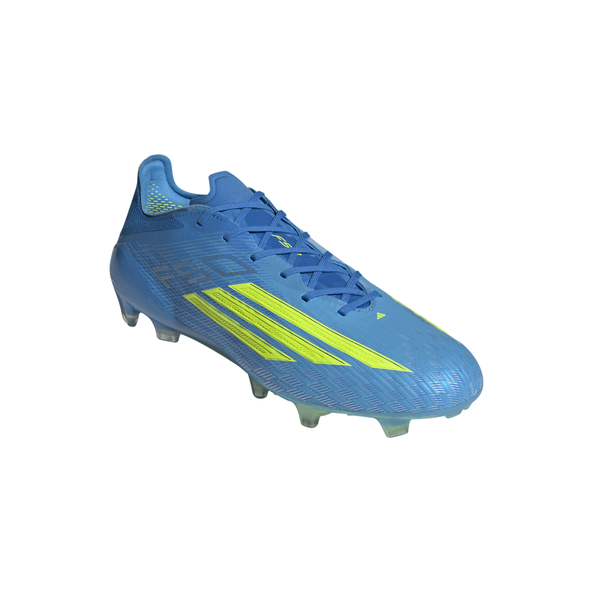A side-profile view of a blue Adidas F50 soccer cleat with neon yellow stripes, shown against a solid black background.