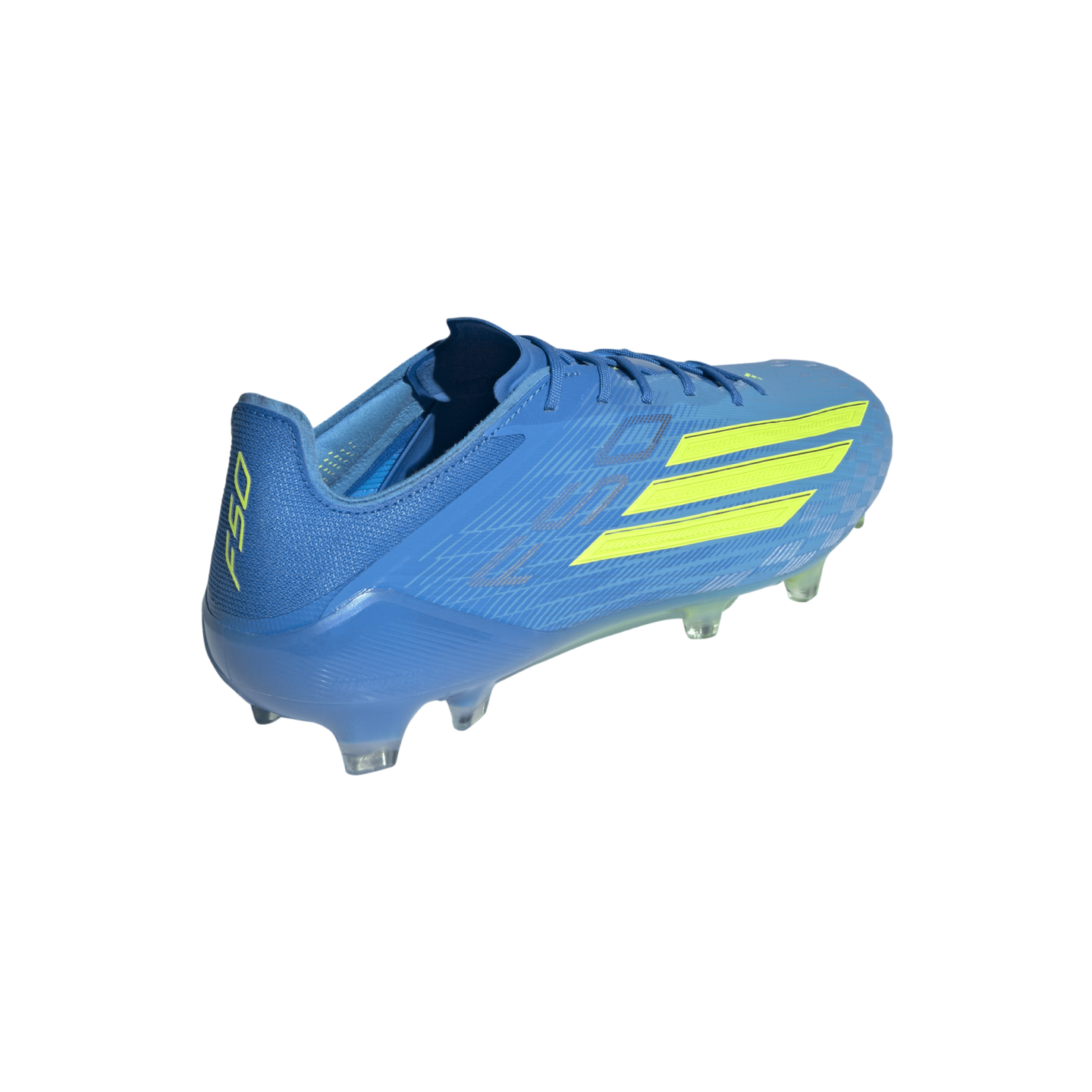 A bright blue soccer cleat with neon yellow accents, including three slanted stripes on the side and "F50" on the heel, shown against a solid black background.