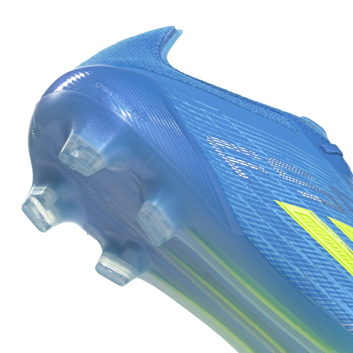 A close-up shot of the heel and translucent blue soleplate of a bright blue soccer cleat against a solid black background. The semi-transparent soleplate features clear integrated studs and embossed "SPEEDFRAME 360" text, with partial yellow accents visib