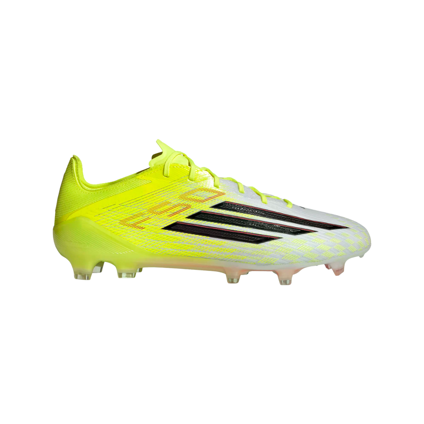 Side profile of a neon yellow and white Adidas soccer cleat with black stripes and red accents against a black background.