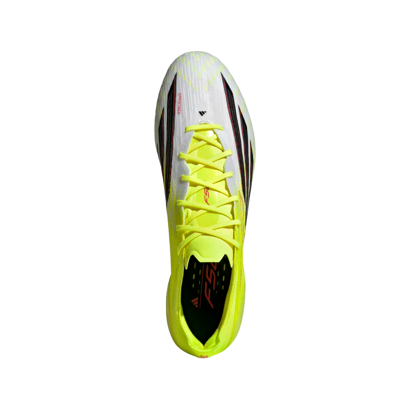 Top-down view of a white and neon yellow Adidas soccer cleat with lime green laces and black details on a black background.