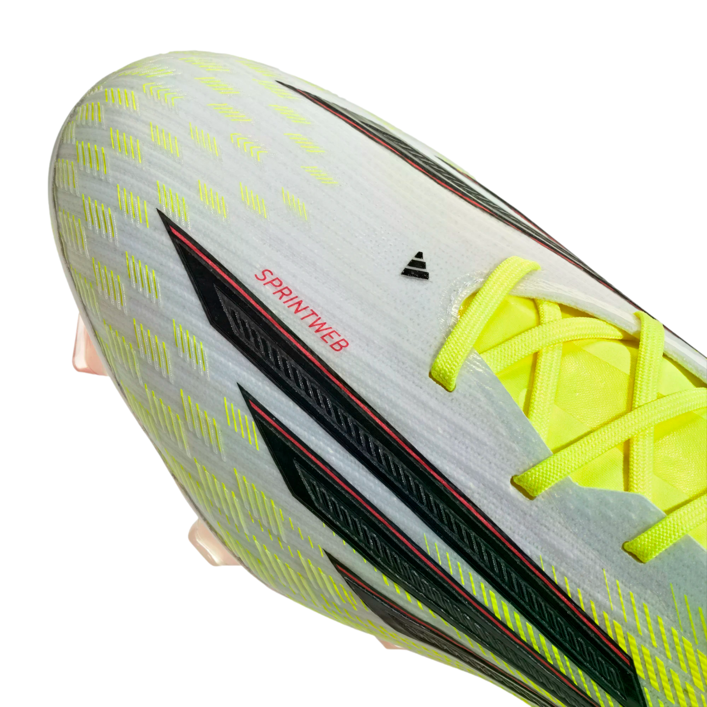 A white Adidas soccer cleat with neon yellow laces, black stripes, and red "SPRINTWEB" text.
